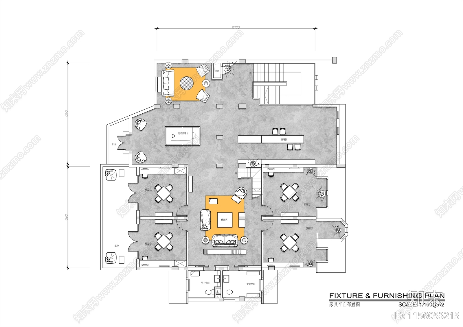 300㎡棋牌室休闲会所平面布置图cad施工图下载【ID:1156053215】