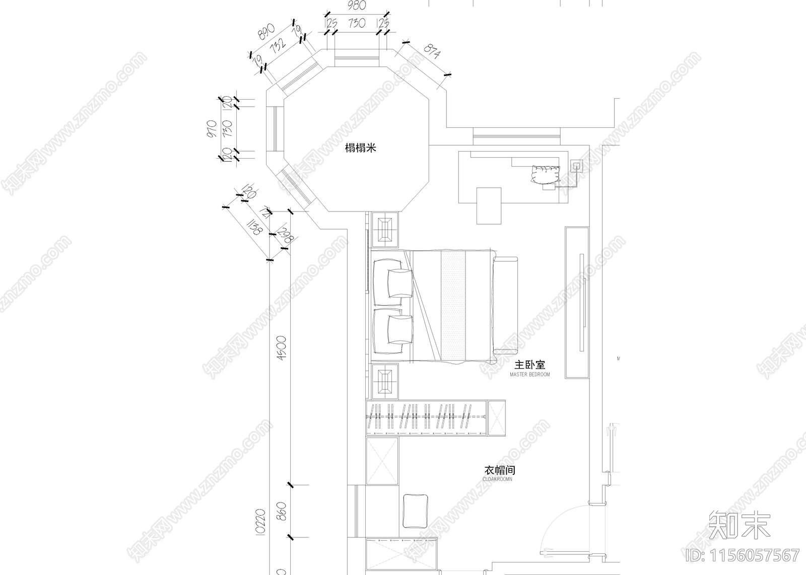 家居卧室cad施工图下载【ID:1156057567】