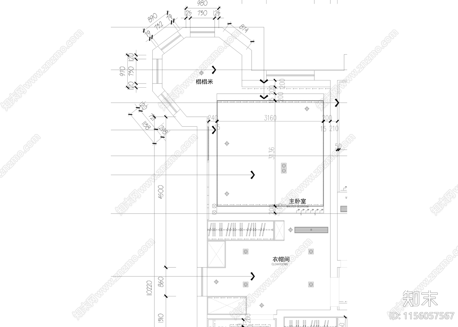 家居卧室cad施工图下载【ID:1156057567】