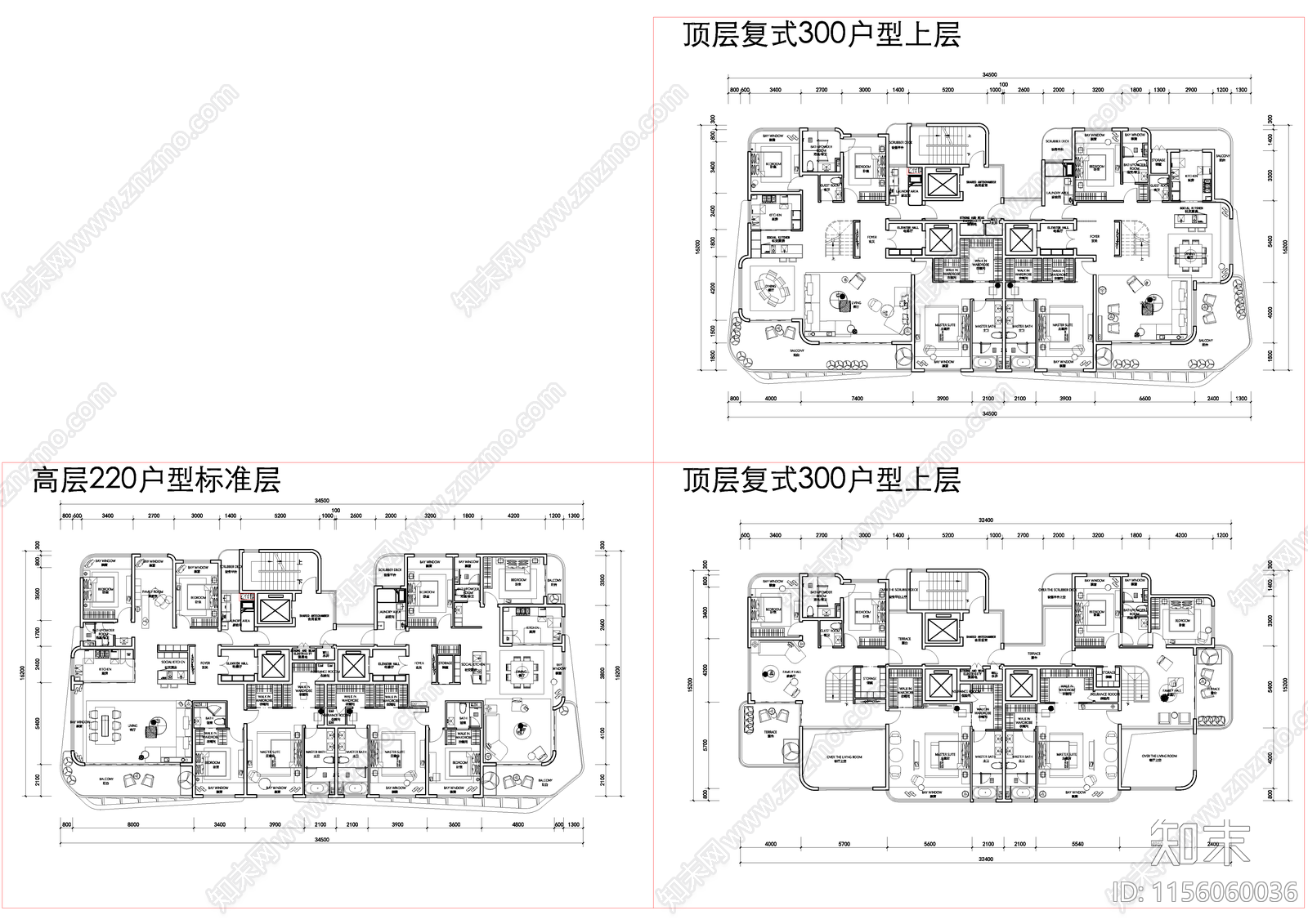 高层220户型顶层复式350户型平面图cad施工图下载【ID:1156060036】