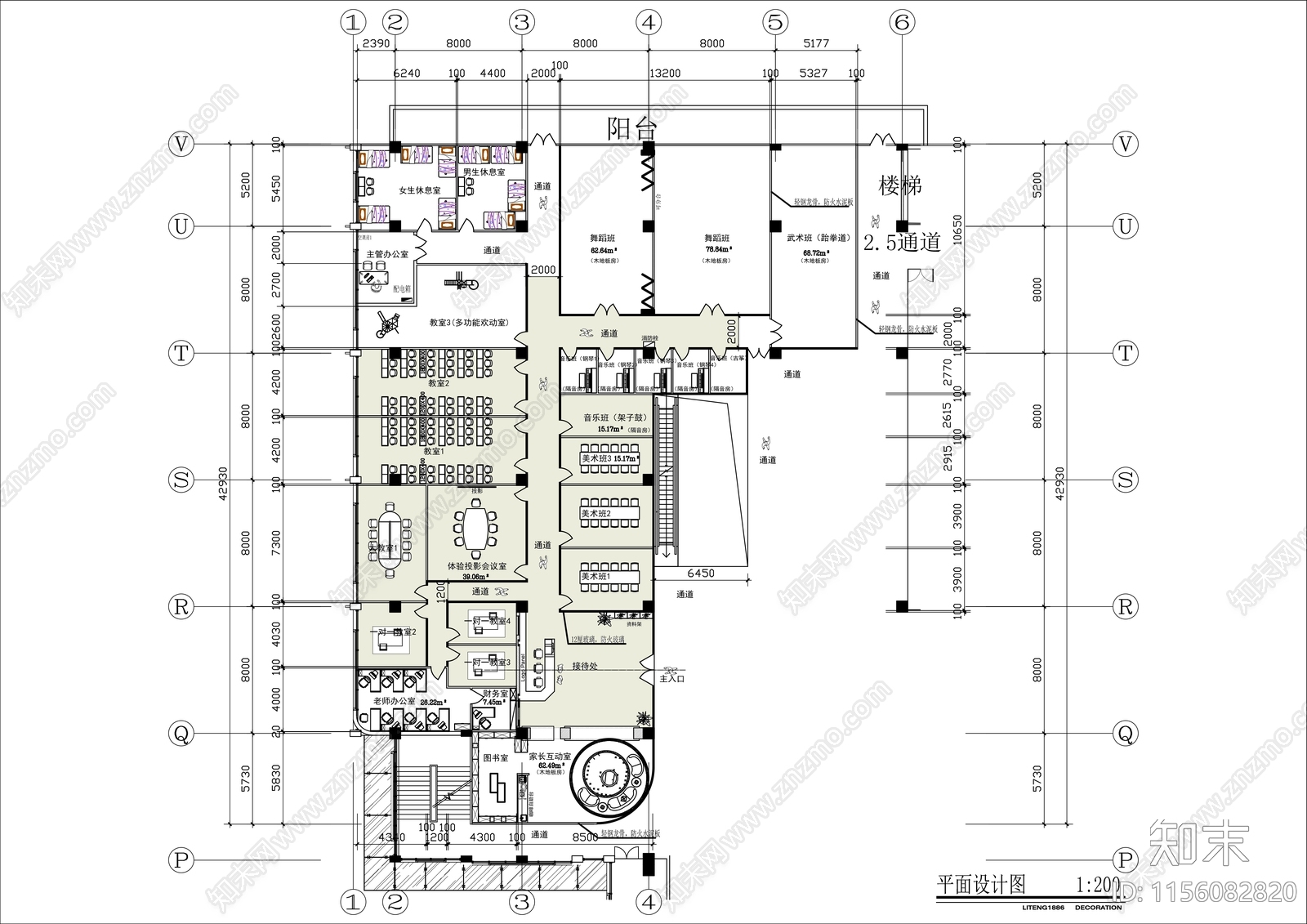 800㎡少儿培训机构平面布置图cad施工图下载【ID:1156082820】