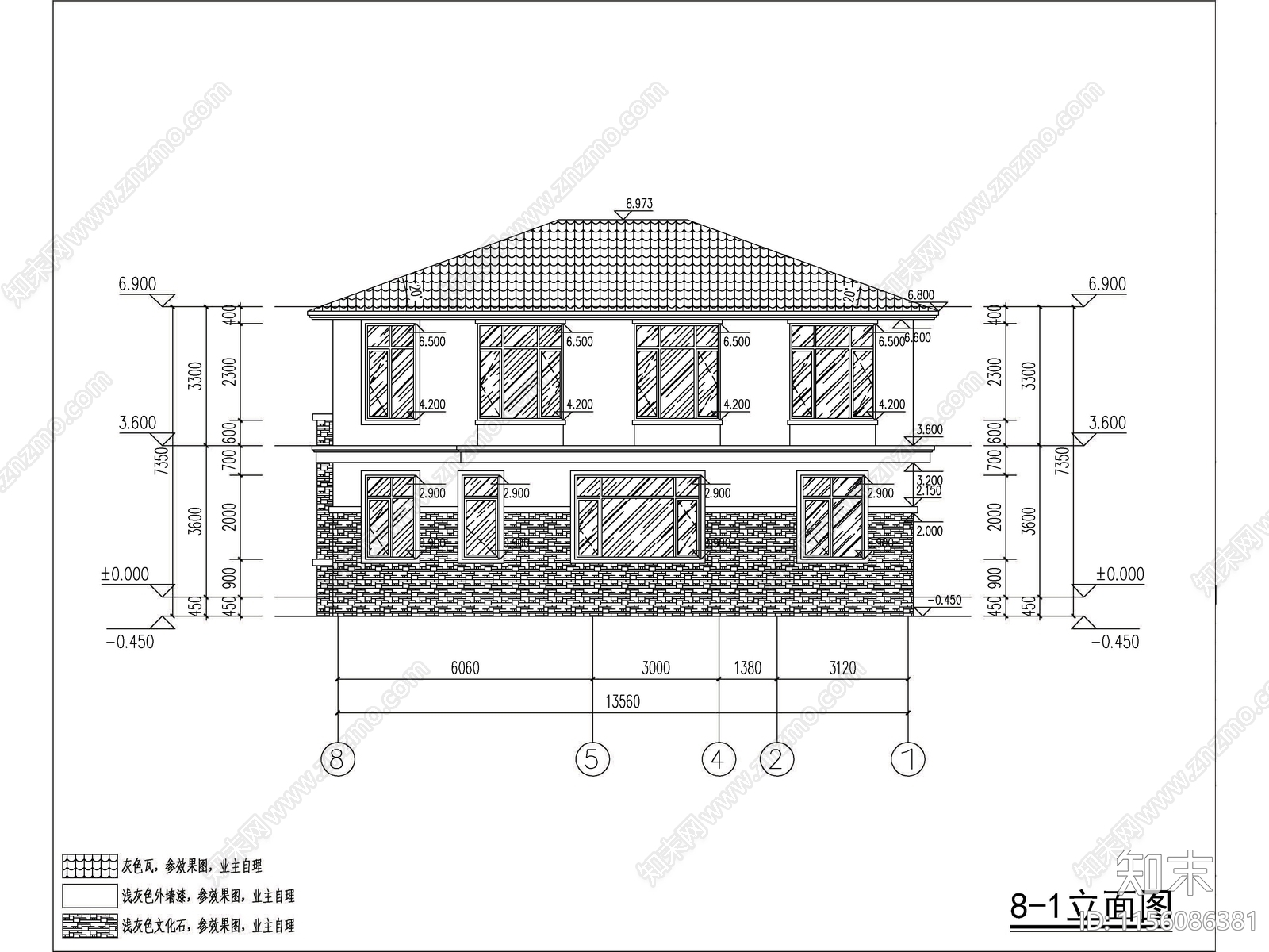 现代两层独栋别墅建筑cad施工图下载【ID:1156086381】