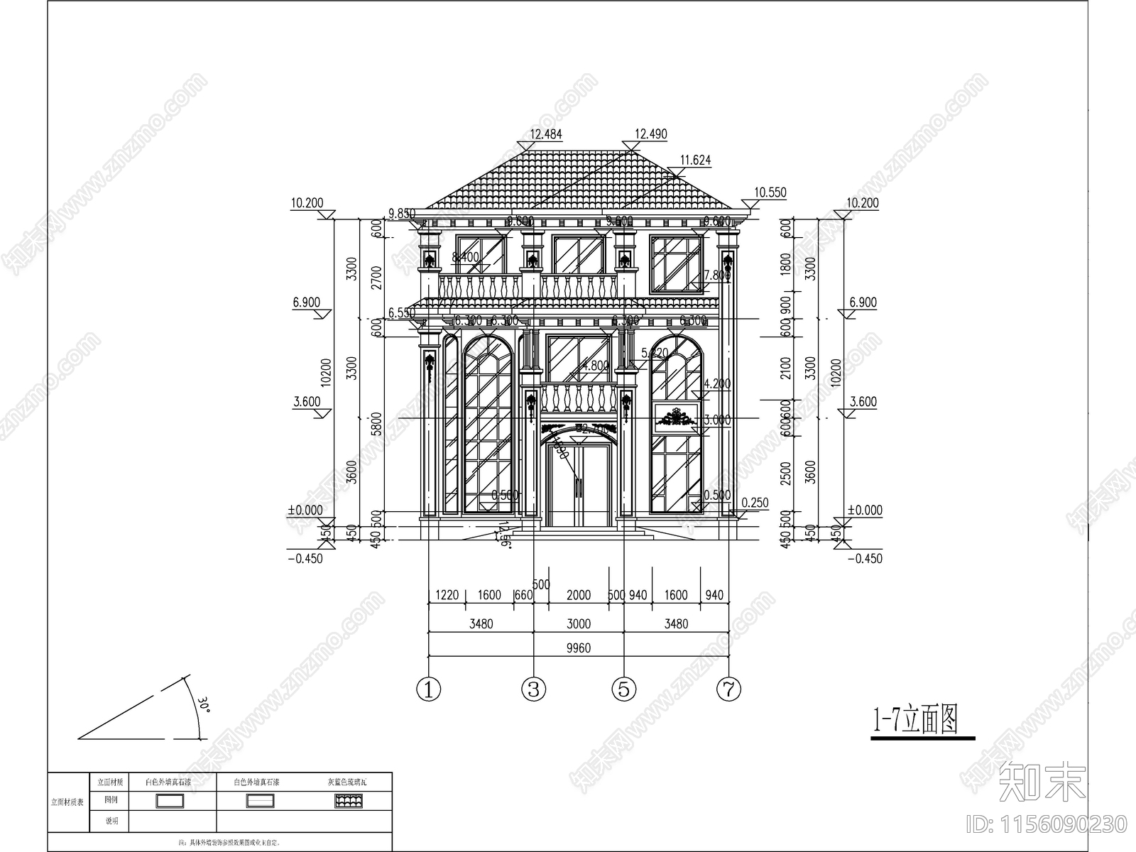 欧式三层独栋别墅建筑cad施工图下载【ID:1156090230】