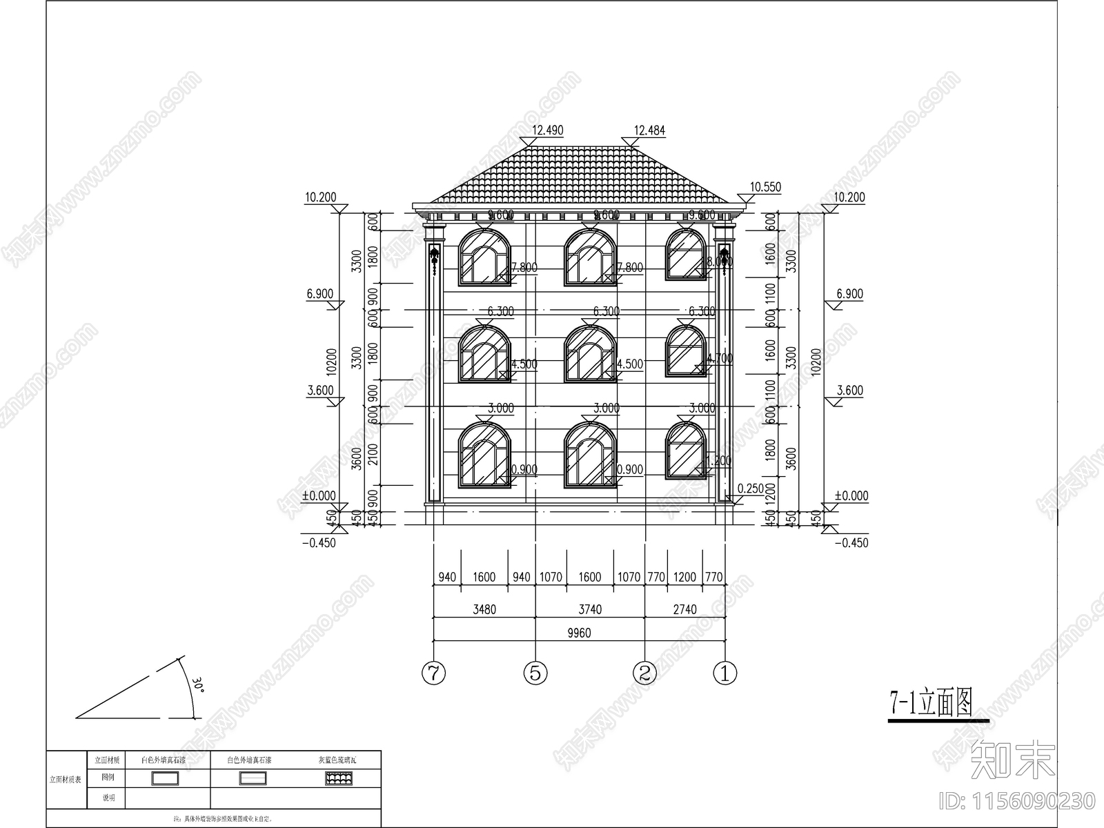 欧式三层独栋别墅建筑cad施工图下载【ID:1156090230】