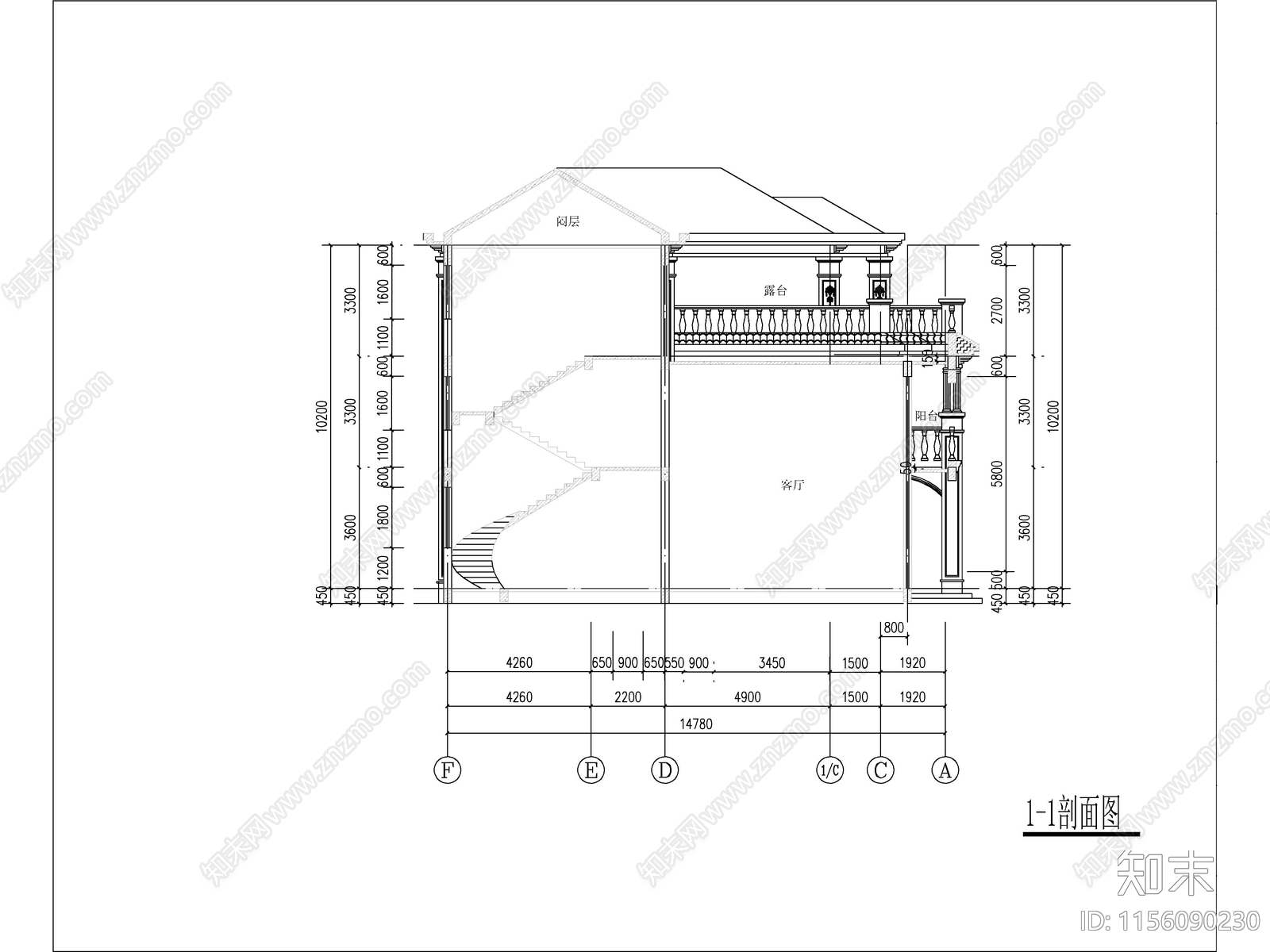 欧式三层独栋别墅建筑cad施工图下载【ID:1156090230】