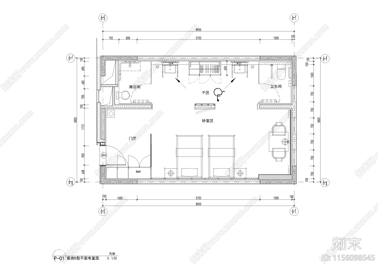 客栈残疾人客房cad施工图下载【ID:1156098545】