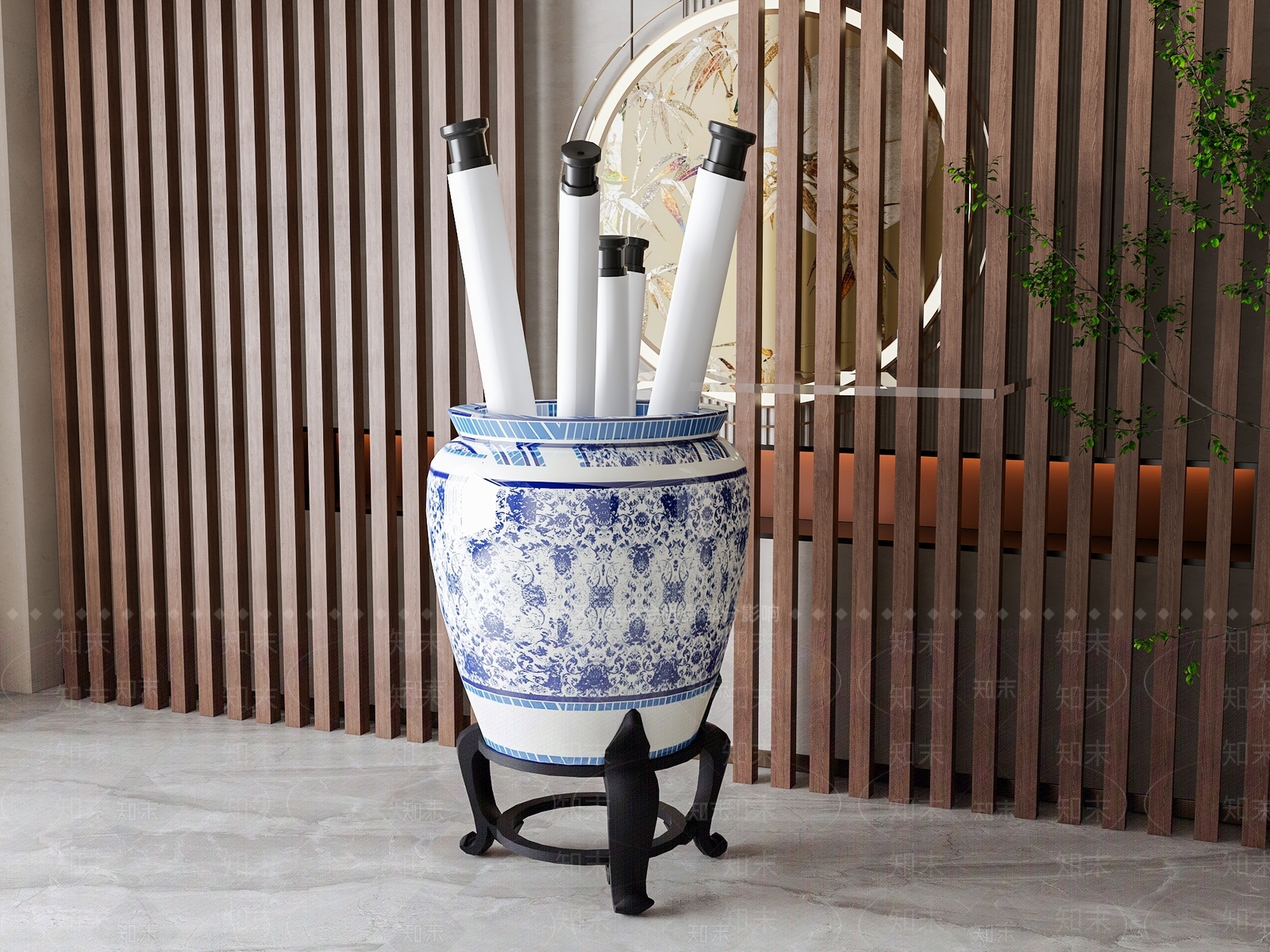 新中式青花瓷卷轴书画缸SU模型下载【ID:1156106847】