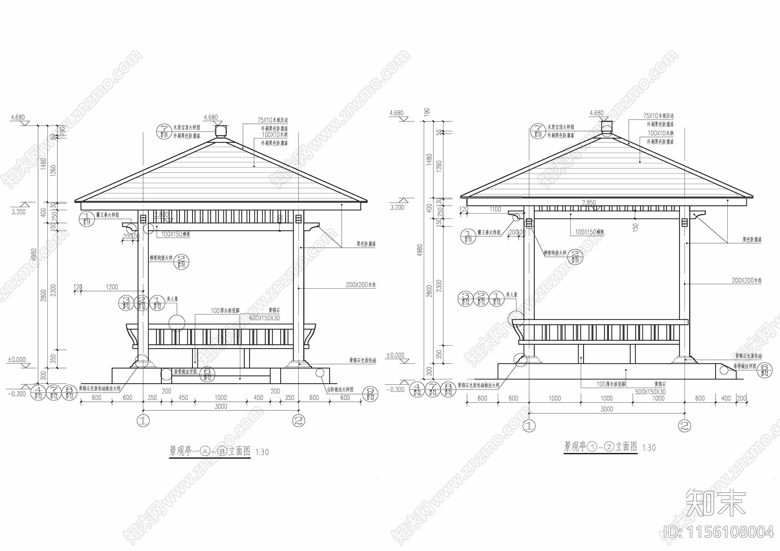 整套中式木质亭子景观cad施工图下载【ID:1156108004】