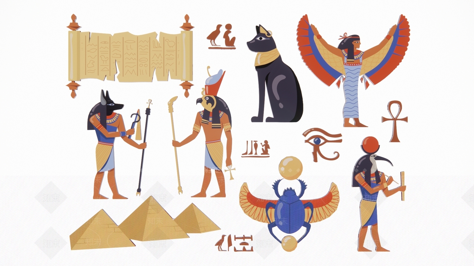 现代2D卡通埃及金字塔狮身人面法老艳后宫殿壁画剪影3D模型下载【ID:1156115048】
