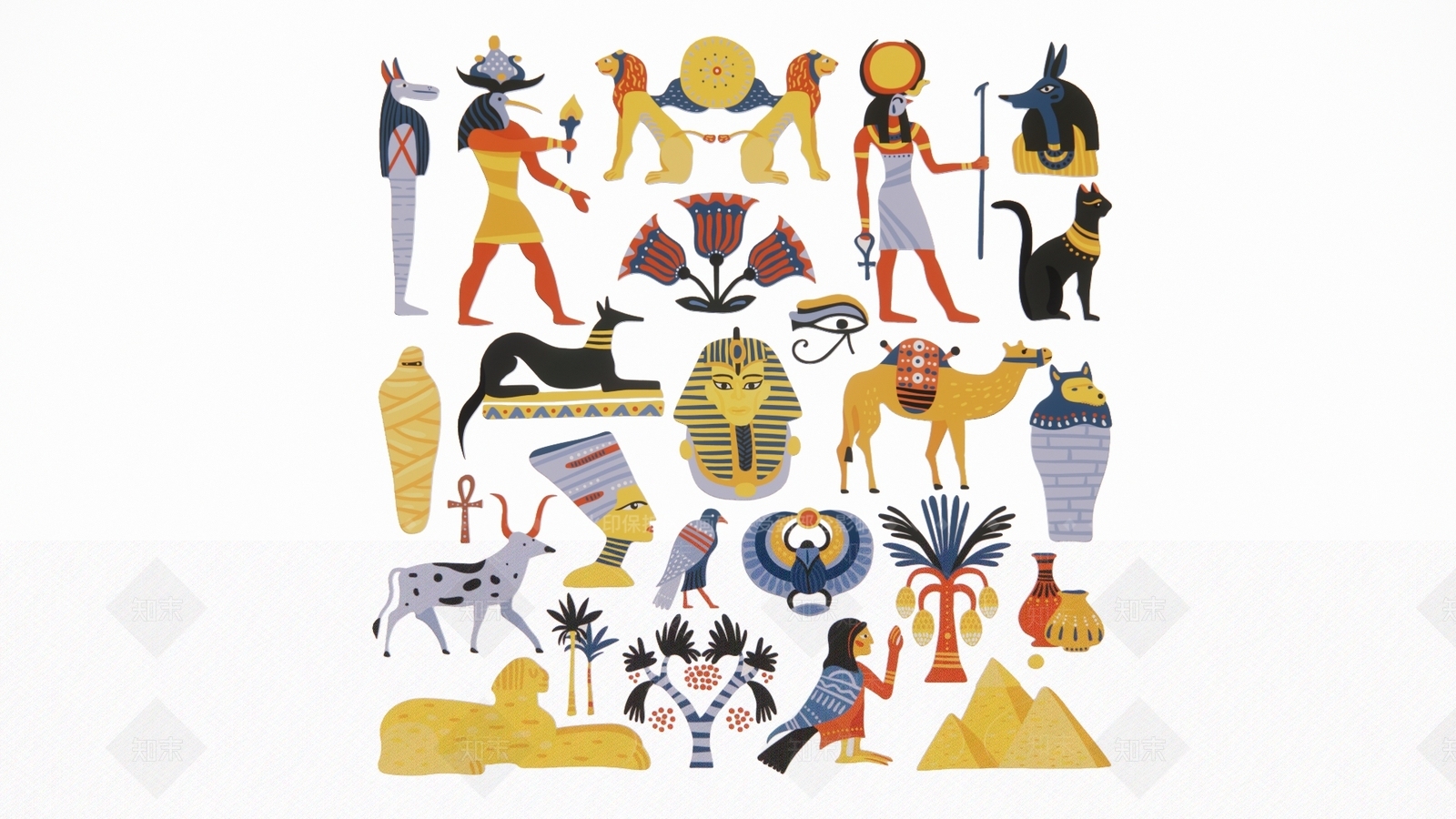 现代2D卡通埃及金字塔狮身人面法老艳后宫殿壁画剪影3D模型下载【ID:1156115284】