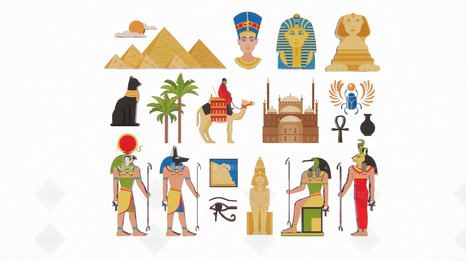 现代2D卡通埃及金字塔狮身人面法老艳后宫殿壁画剪影3D模型下载【ID:1156115330】