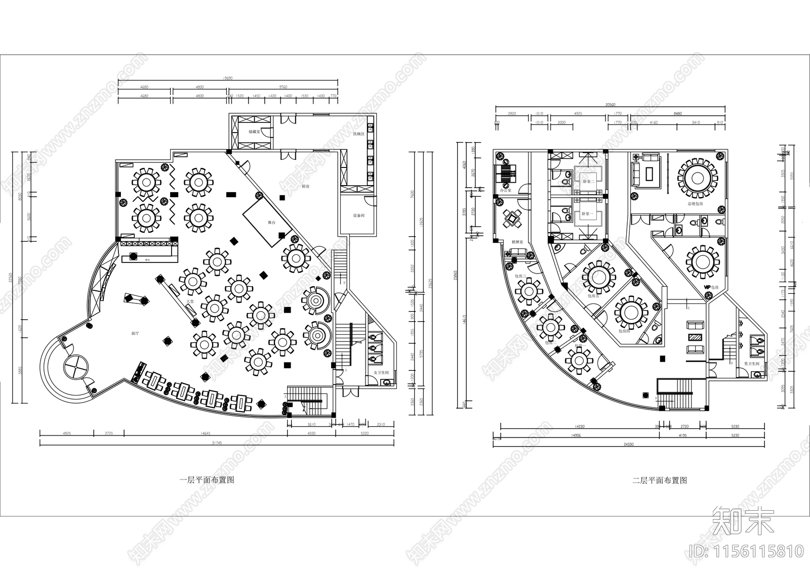 1000㎡两层中式酒楼餐厅平面布置图cad施工图下载【ID:1156115810】