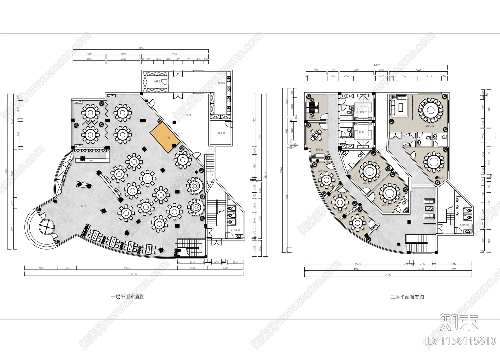 1000㎡两层中式酒楼餐厅平面布置图cad施工图下载【ID:1156115810】