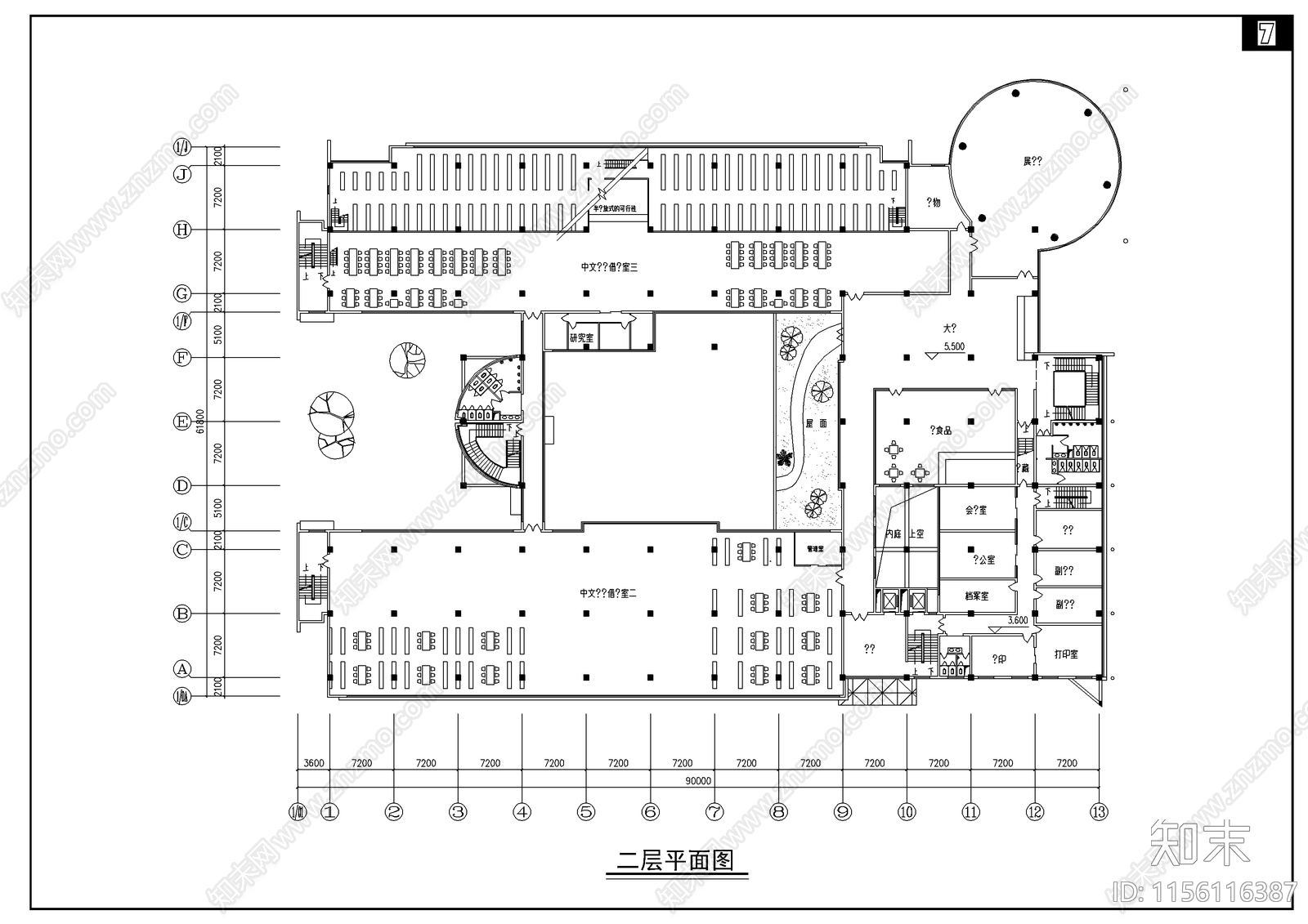 图书馆平面图cad施工图下载【ID:1156116387】