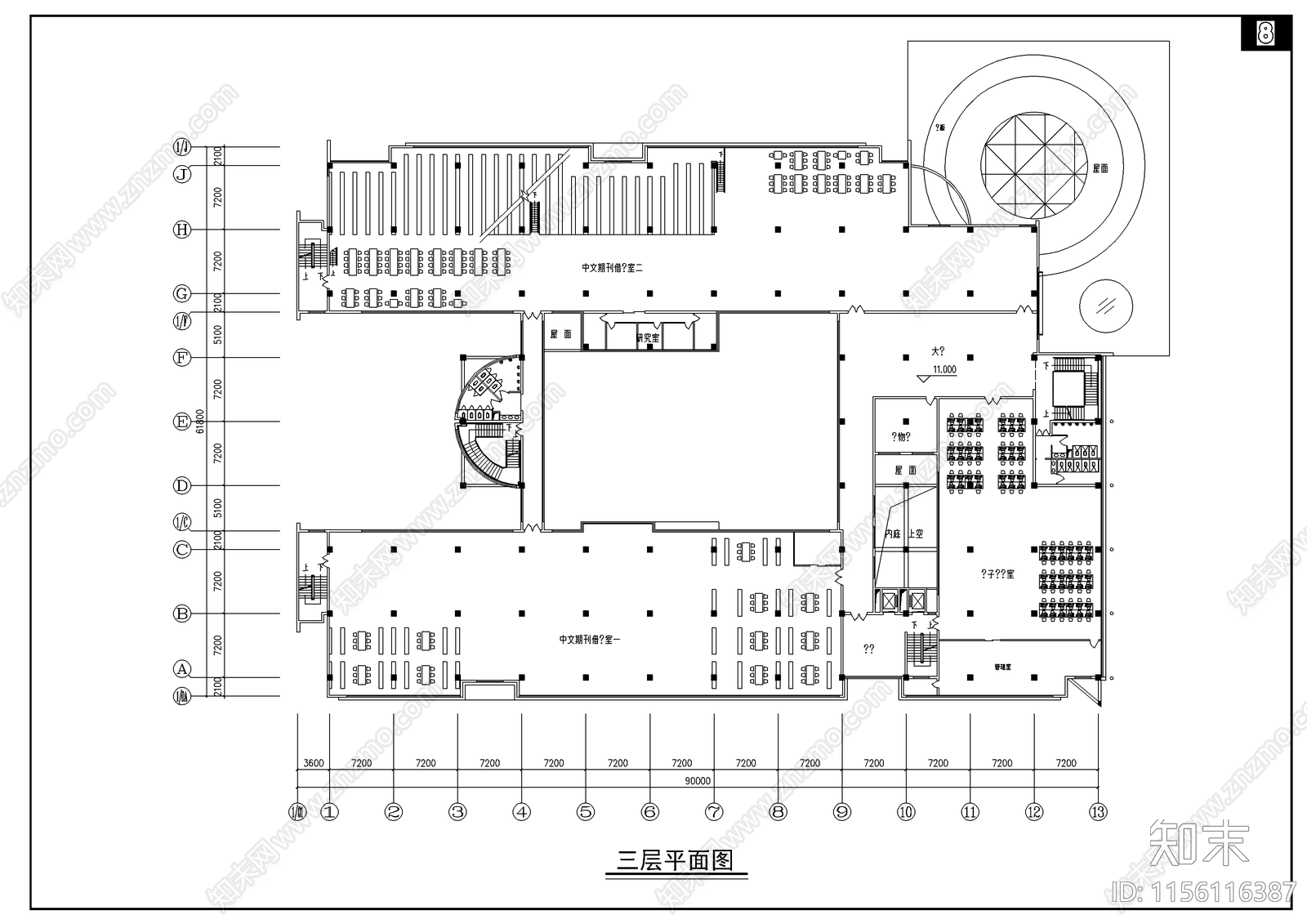 图书馆平面图cad施工图下载【ID:1156116387】