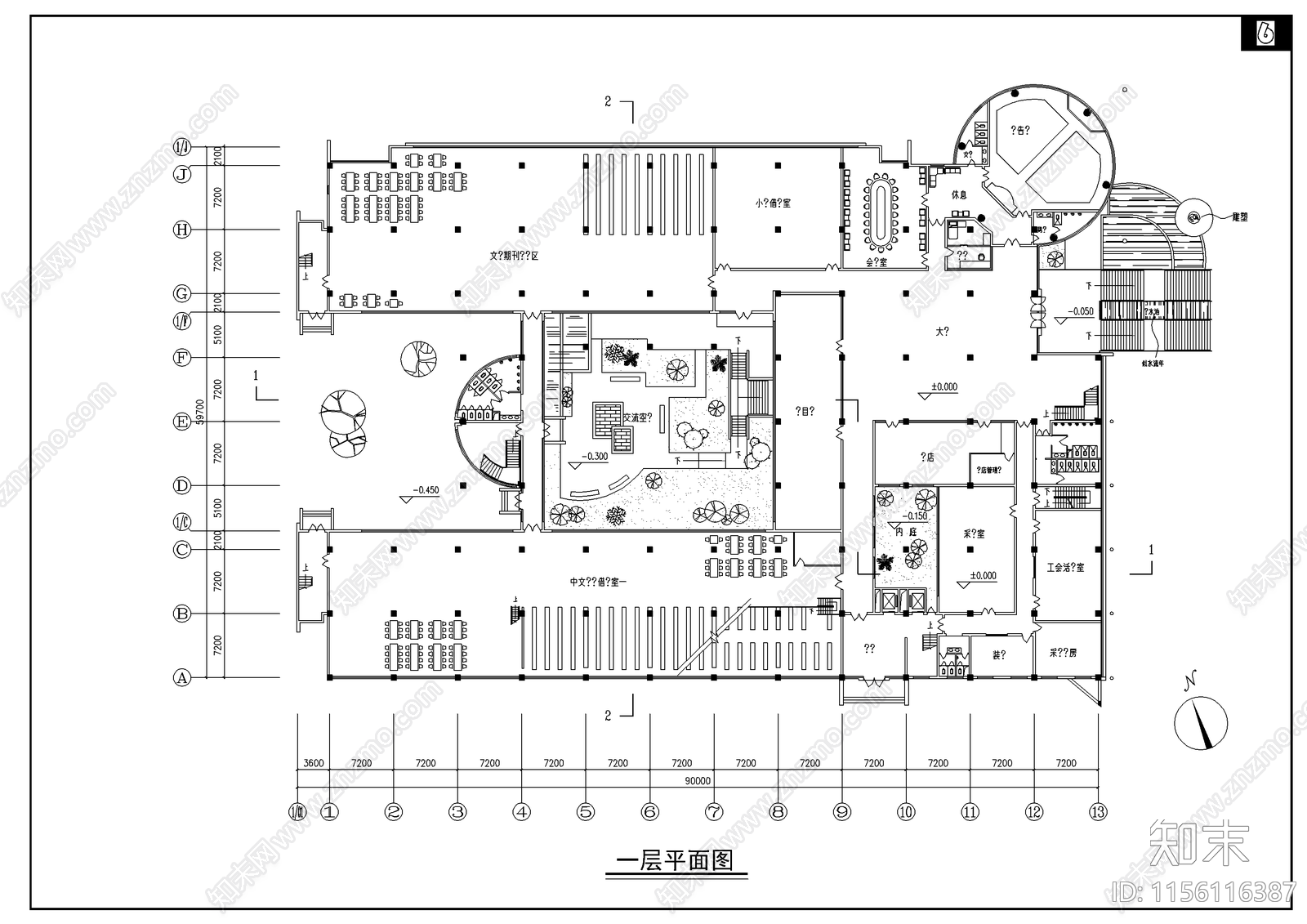 图书馆平面图cad施工图下载【ID:1156116387】