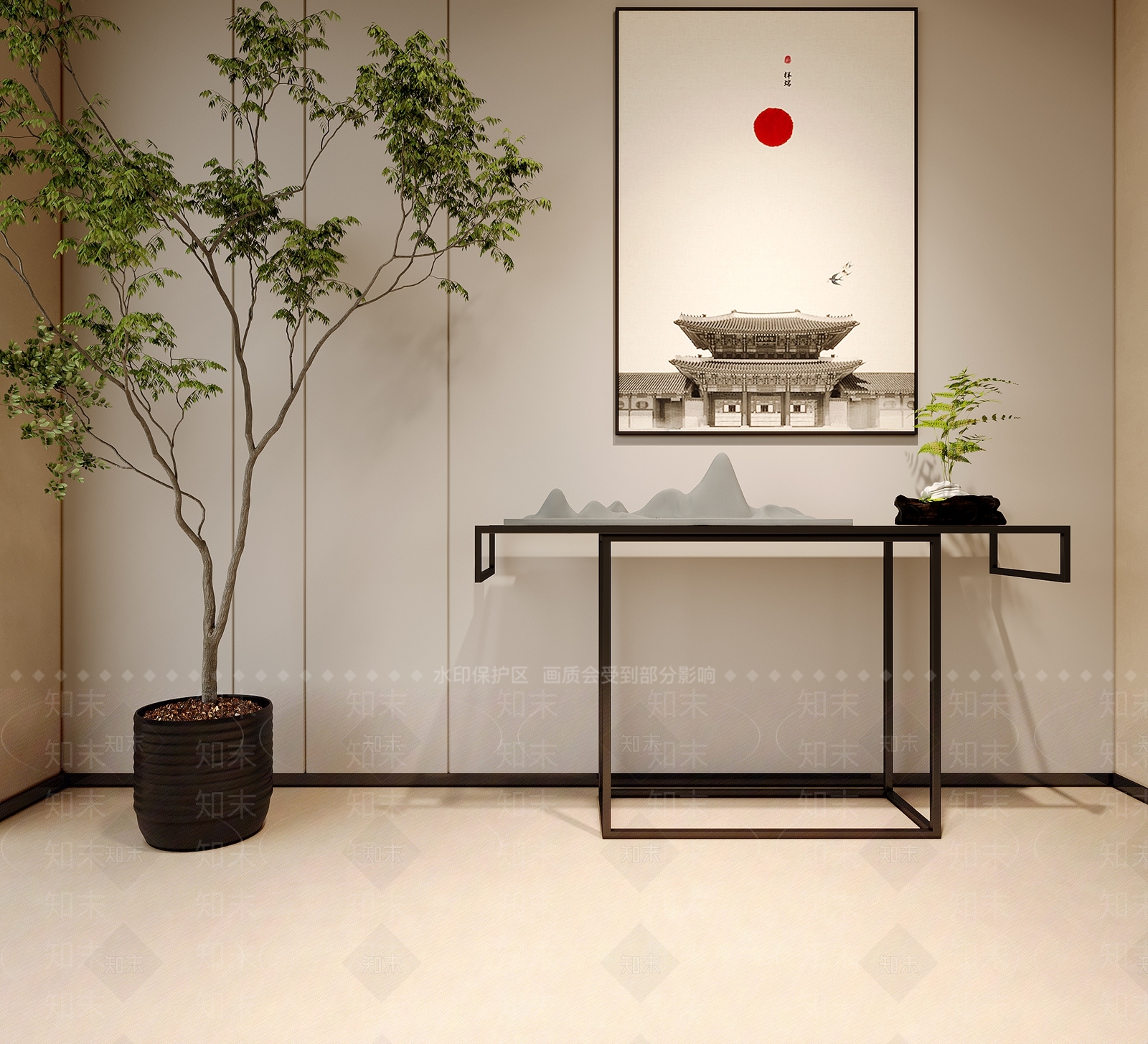 中式禅意玄关柜3D模型下载【ID:1156121472】