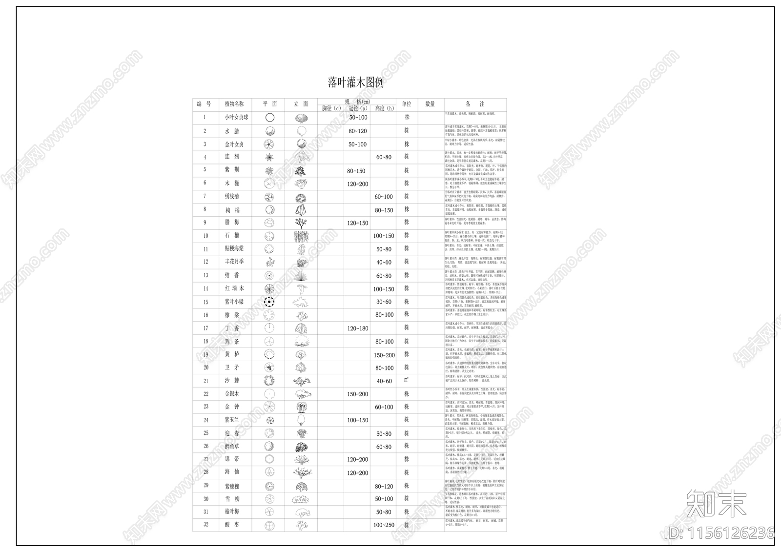 园林常见植物品种图例及说明施工图下载【ID:1156126236】