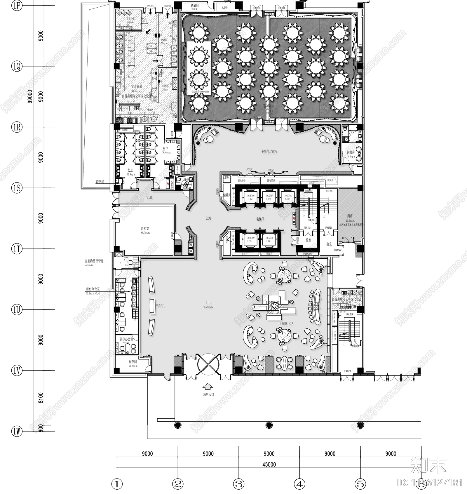 2000㎡酒店大堂宴会厅平面布置图施工图下载【ID:1156127181】