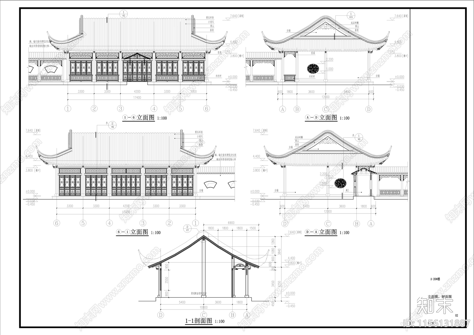 中式古建歇山建筑cad施工图下载【ID:1156131887】