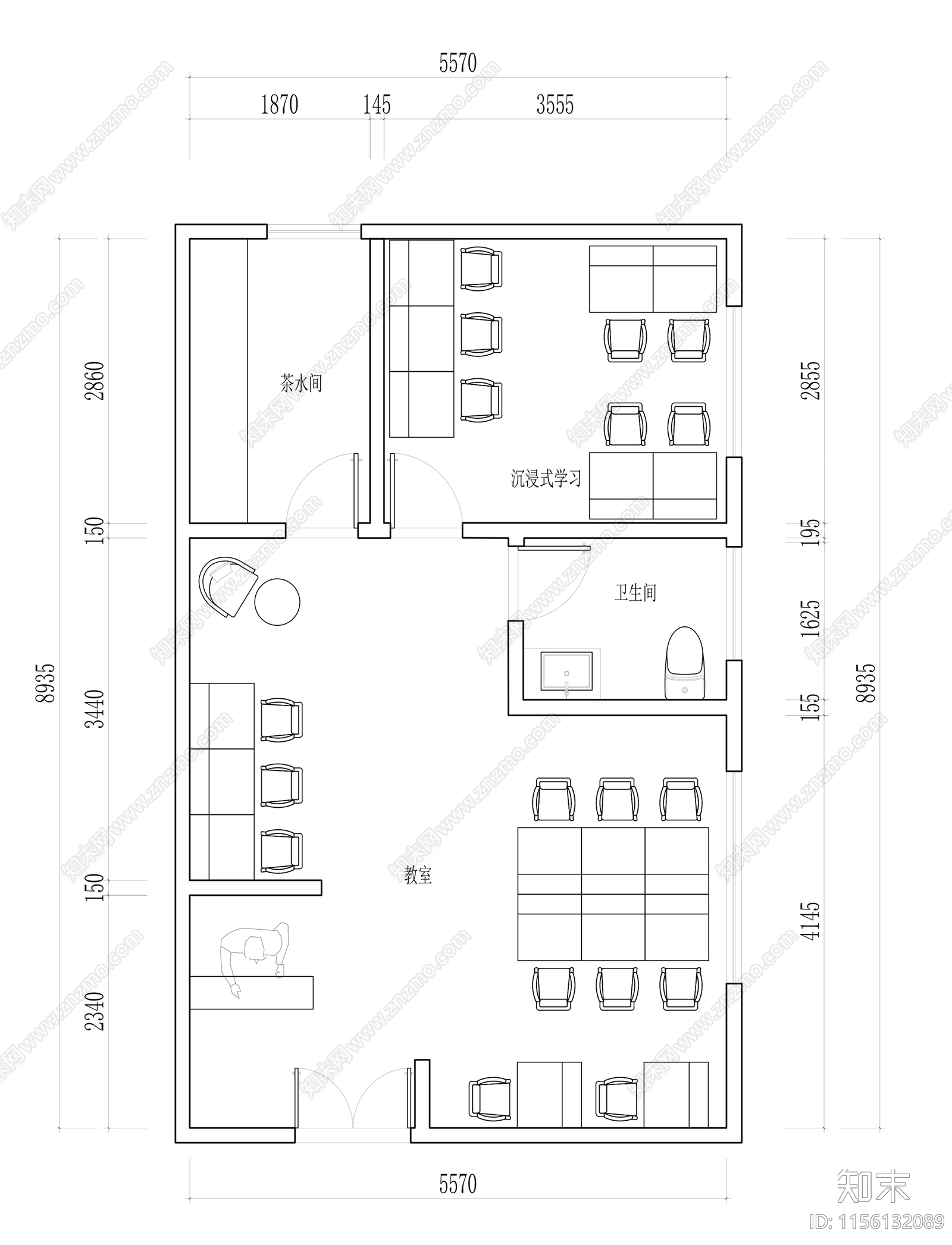 自习室教育培训一对一平面cad施工图下载【ID:1156132089】