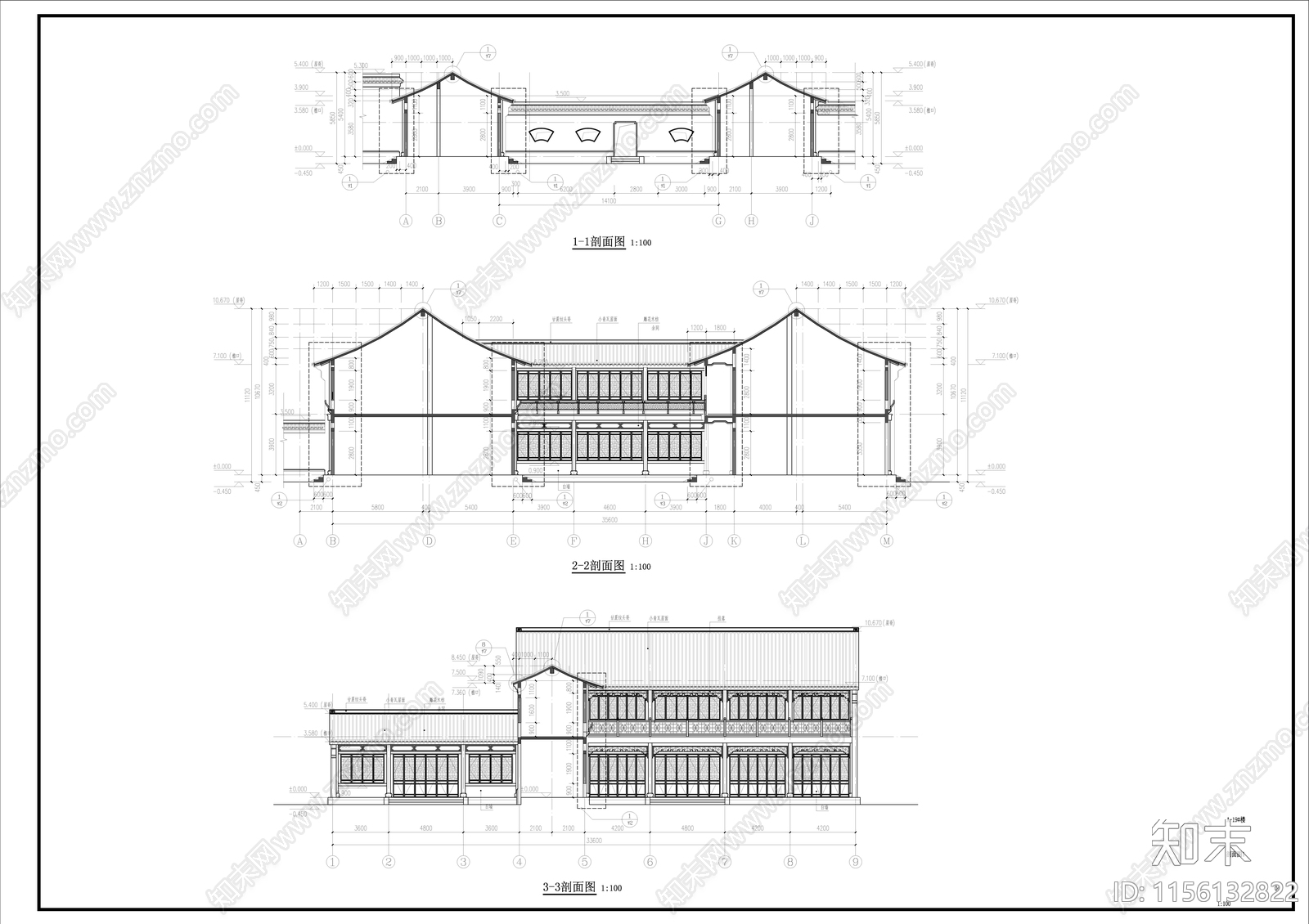 中式古建硬山建筑cad施工图下载【ID:1156132822】