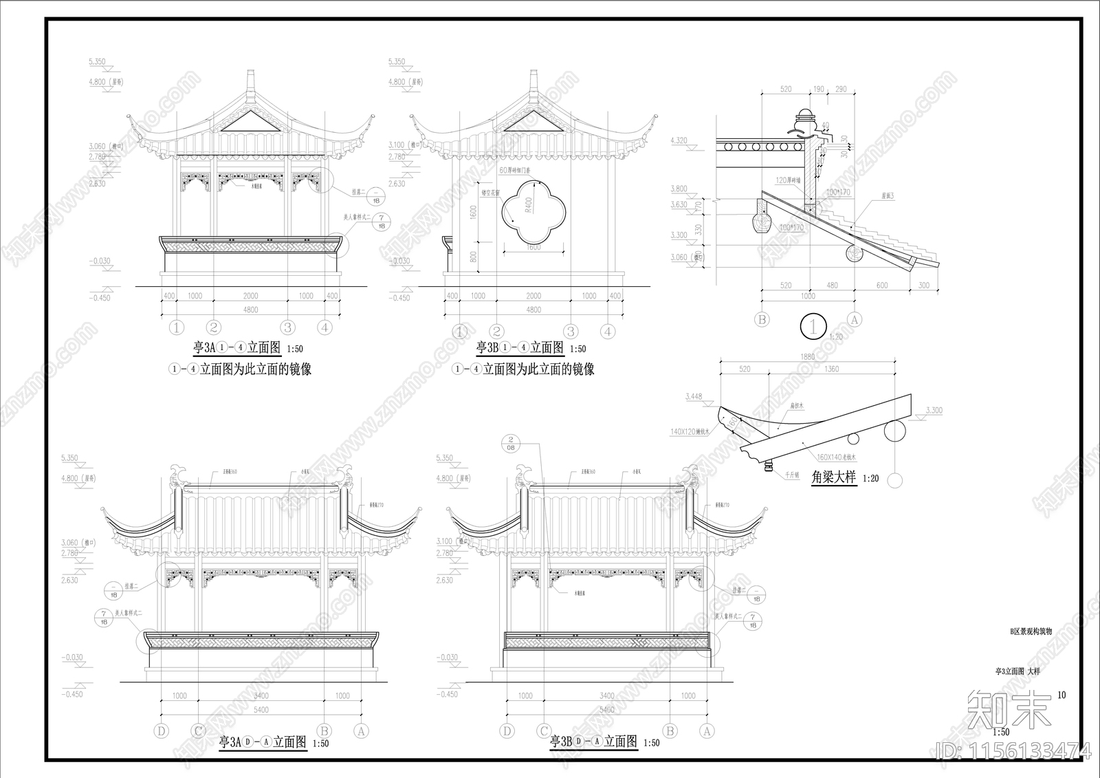 中式方亭cad施工图下载【ID:1156133474】