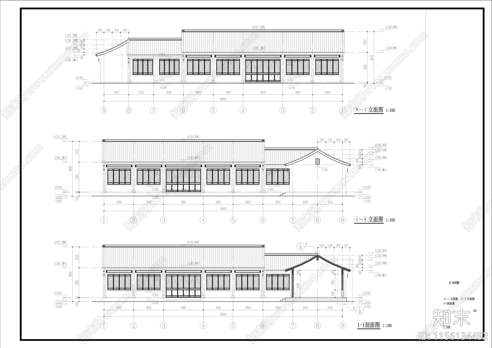 中式古建硬山建筑cad施工图下载【ID:1156134492】