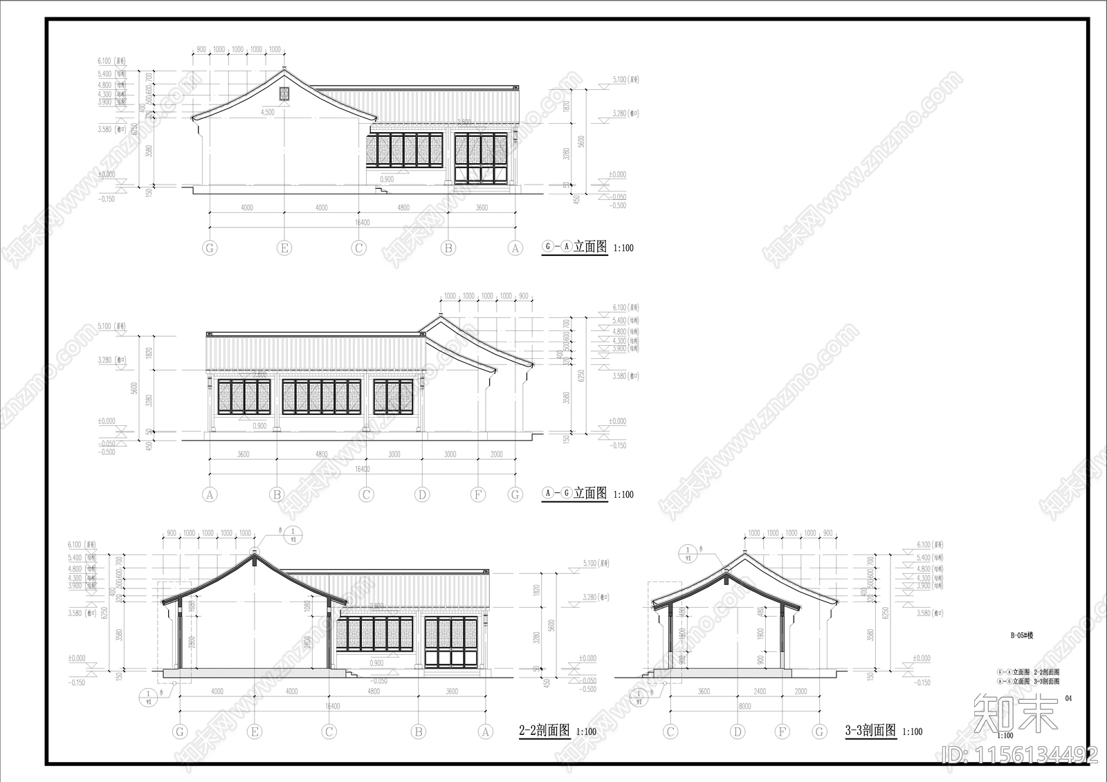 中式古建硬山建筑cad施工图下载【ID:1156134492】