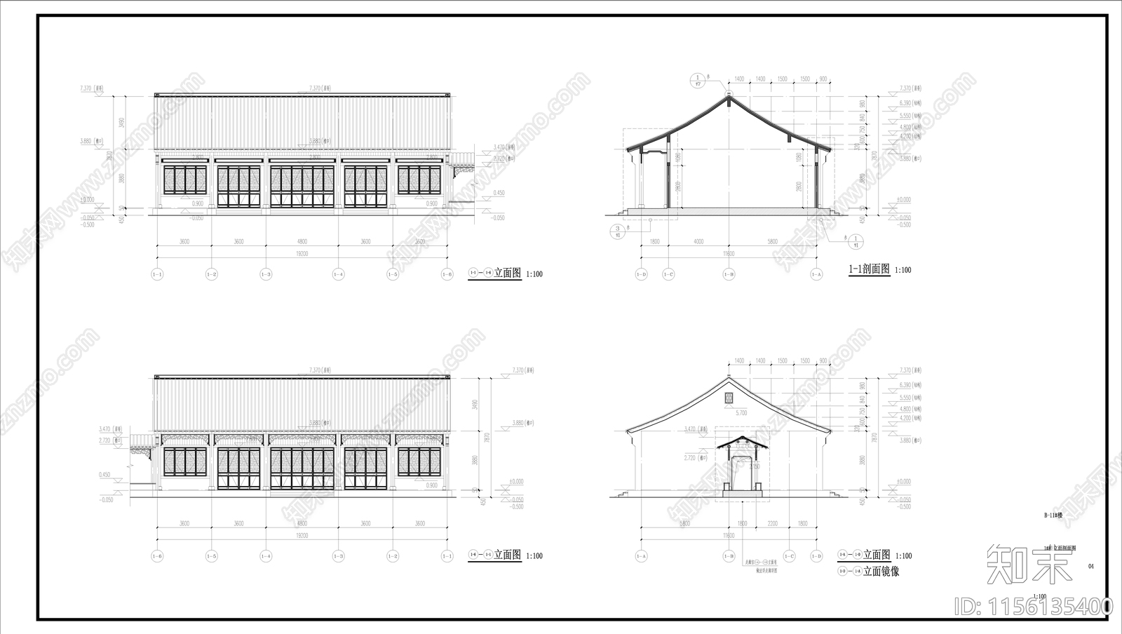 中式古建硬山建筑cad施工图下载【ID:1156135400】