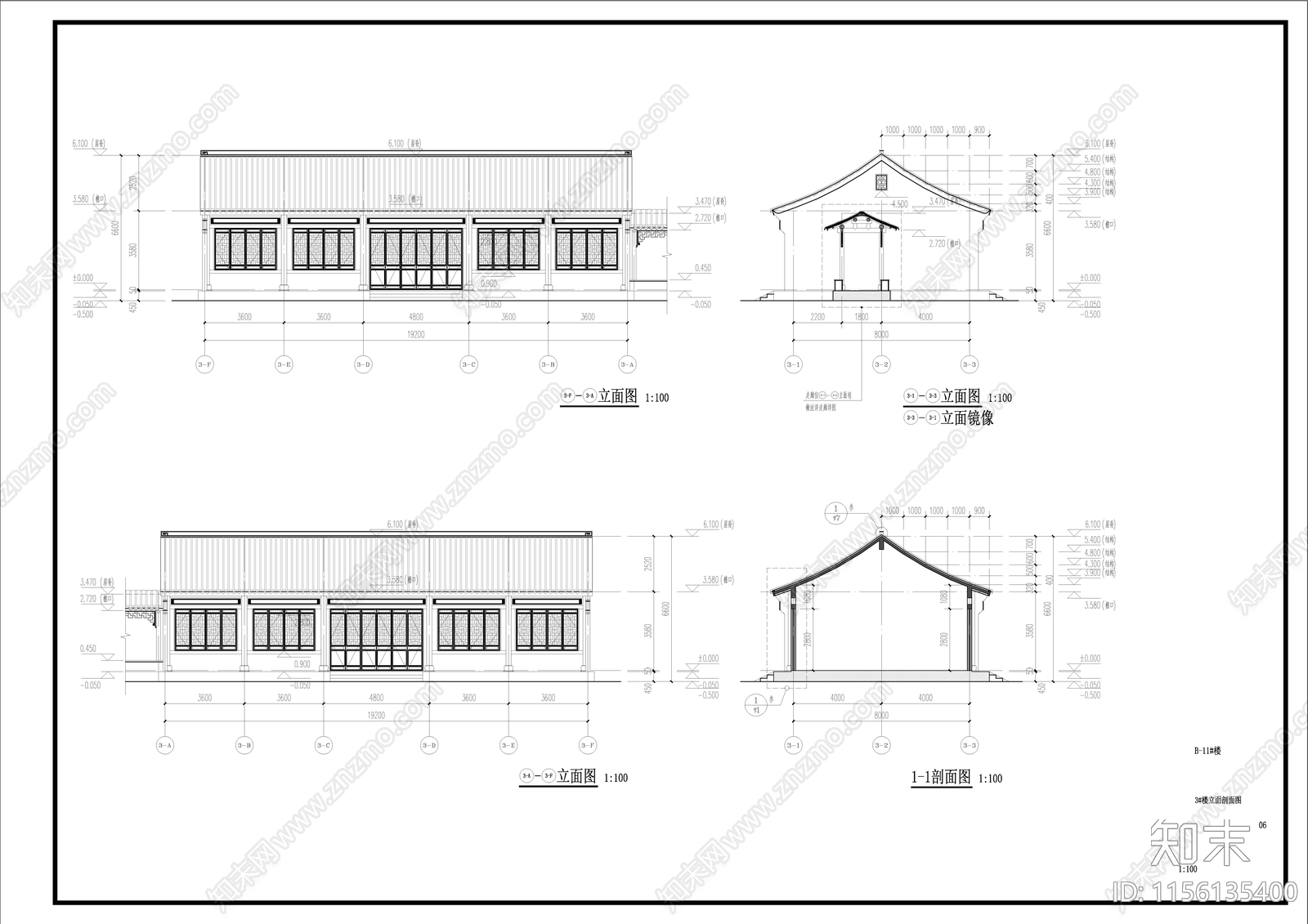 中式古建硬山建筑cad施工图下载【ID:1156135400】