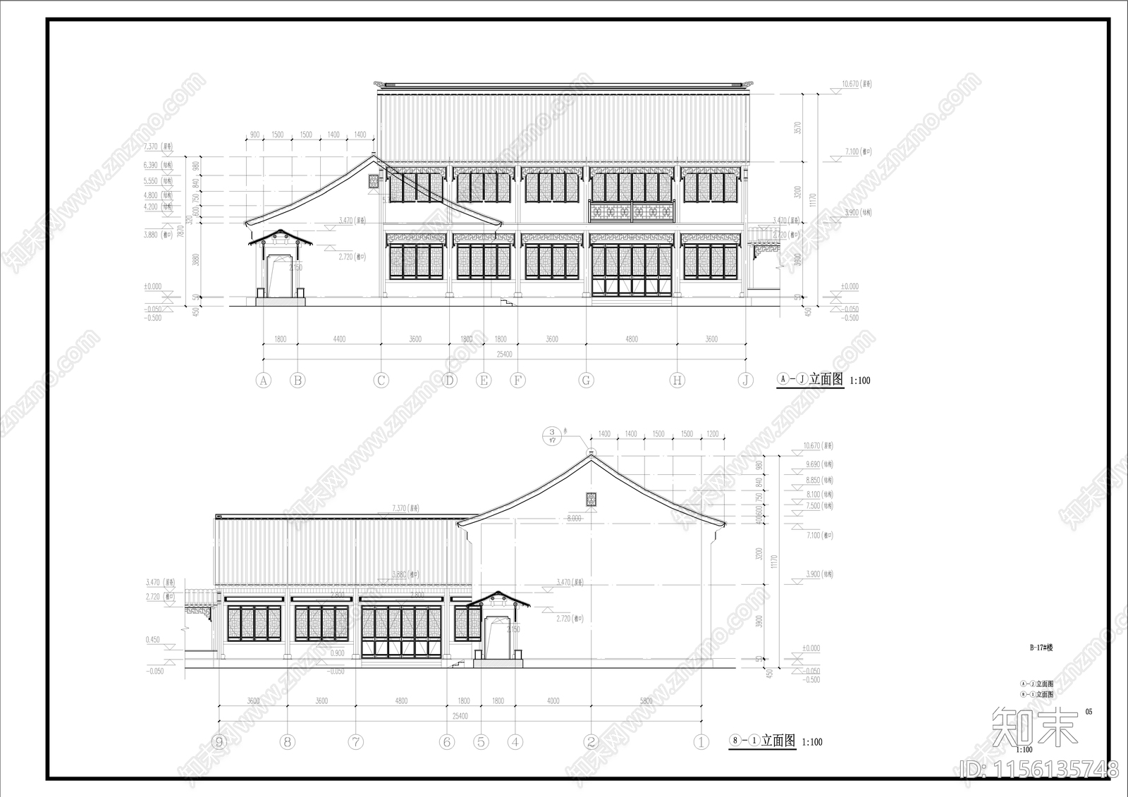 中式古建硬山建筑cad施工图下载【ID:1156135748】