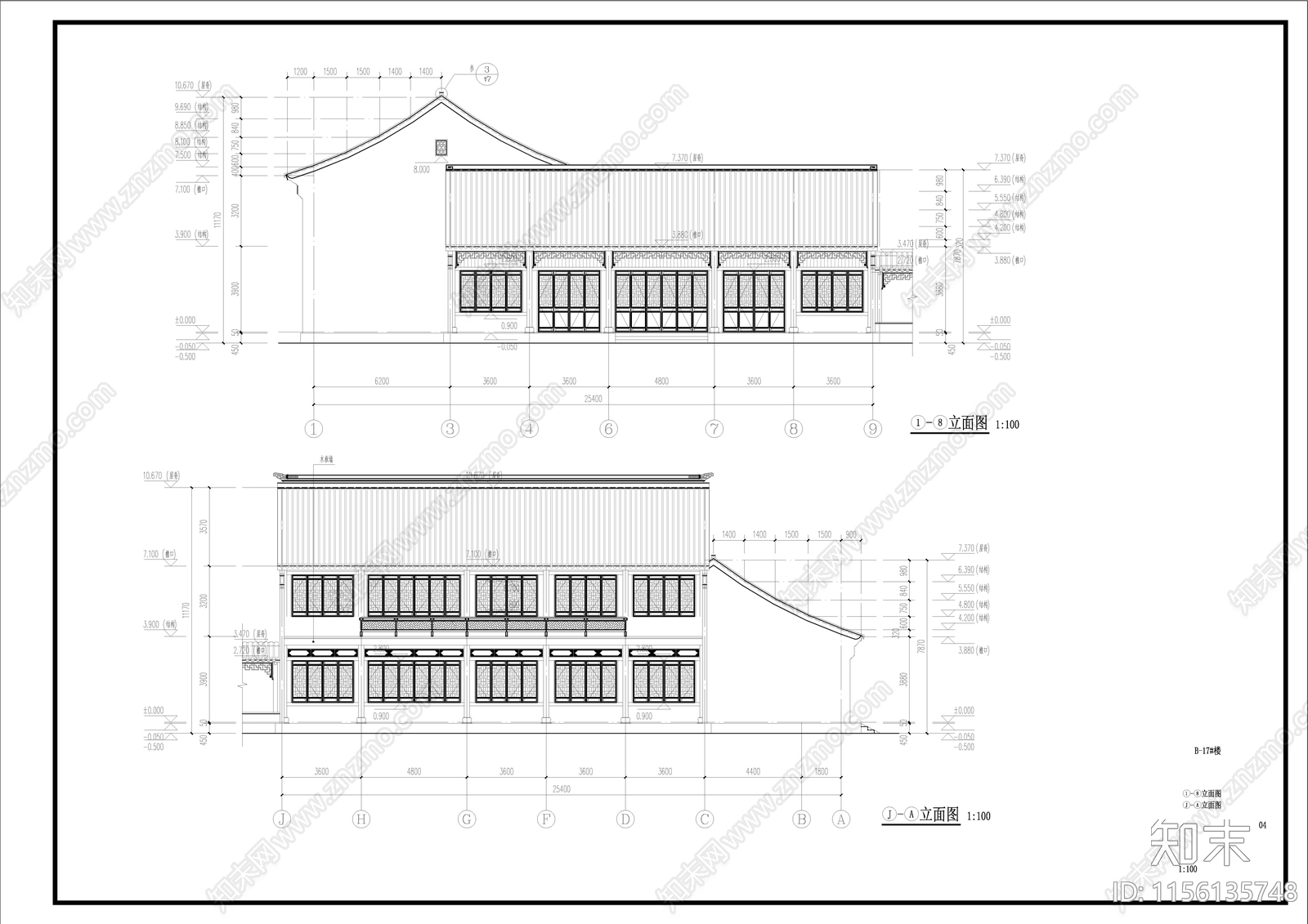 中式古建硬山建筑cad施工图下载【ID:1156135748】