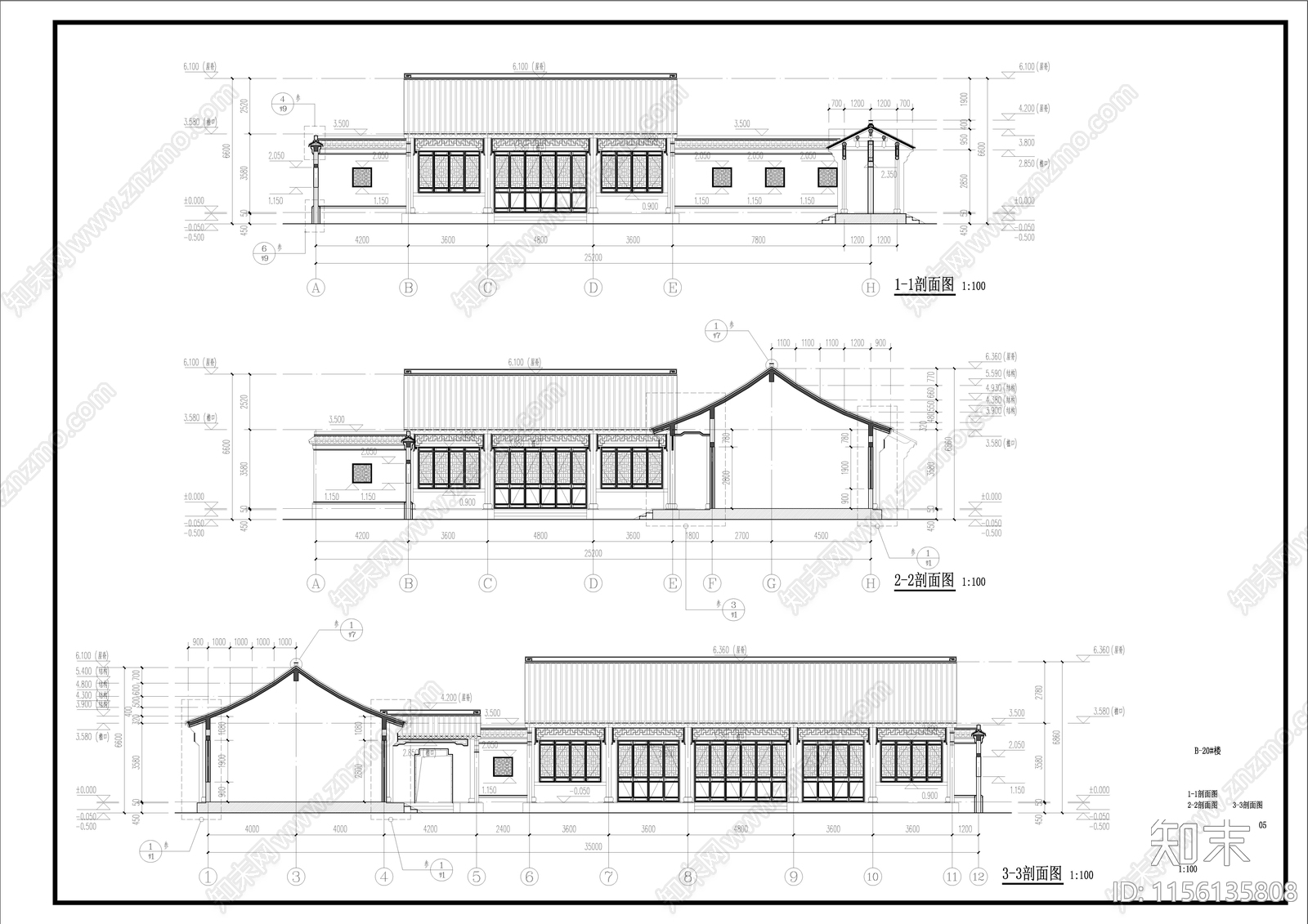 中式古建硬山建筑cad施工图下载【ID:1156135808】