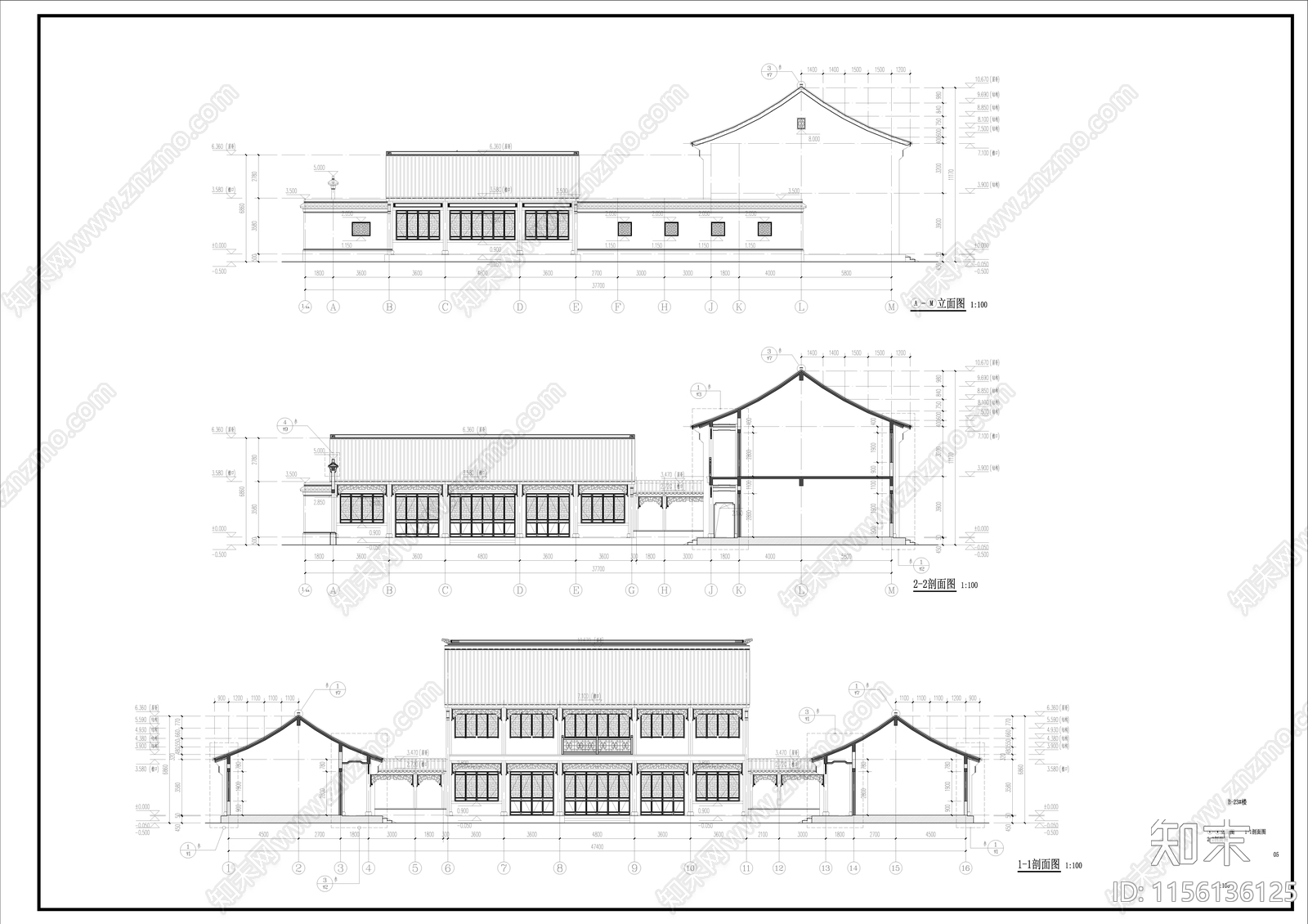 中式古建硬山建筑cad施工图下载【ID:1156136125】