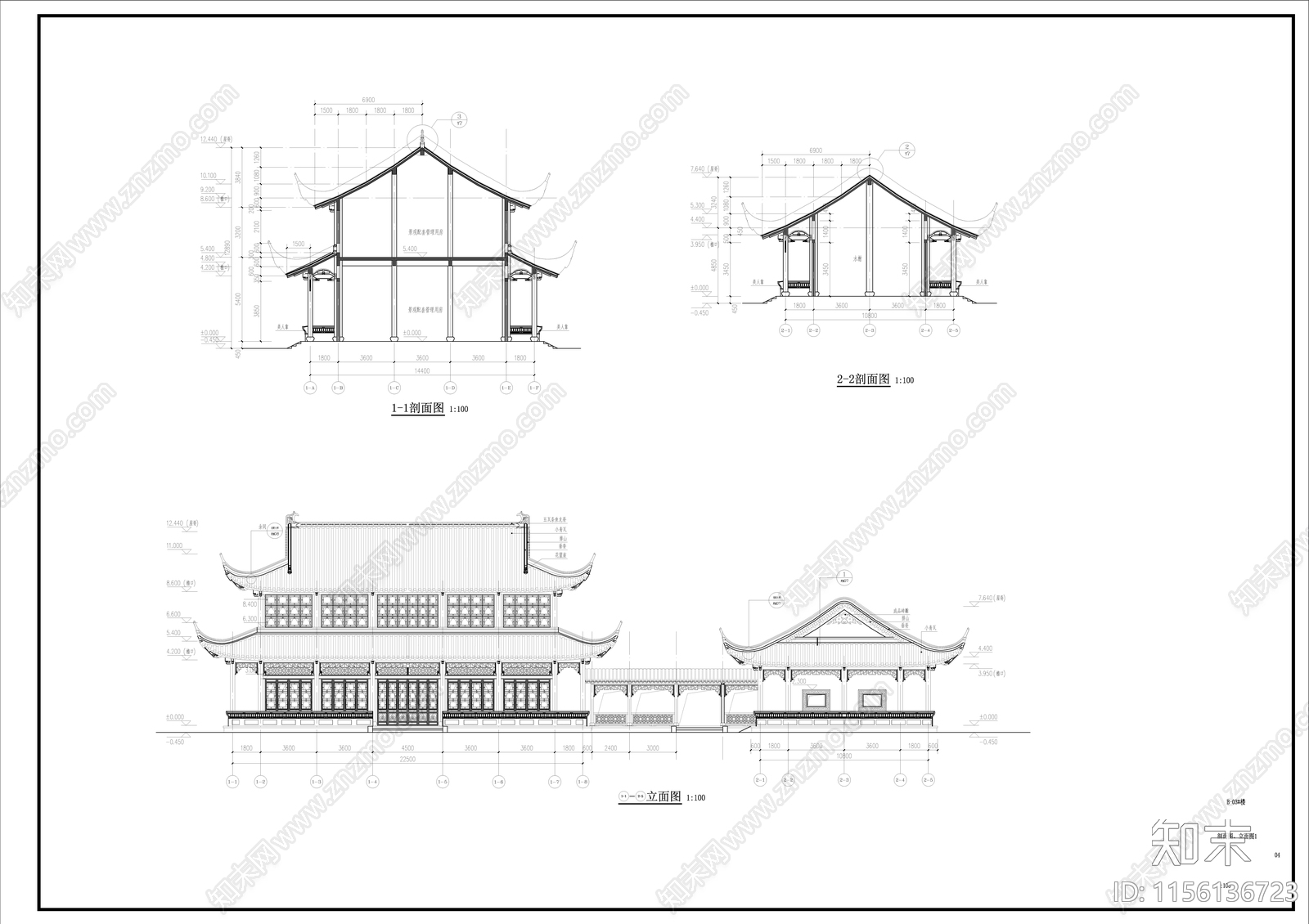 中式古建歇山建筑cad施工图下载【ID:1156136723】