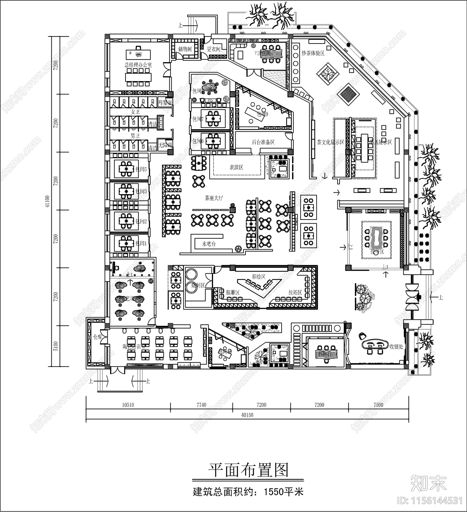 新中式茶室室内装修设计施工图下载【ID:1156144531】