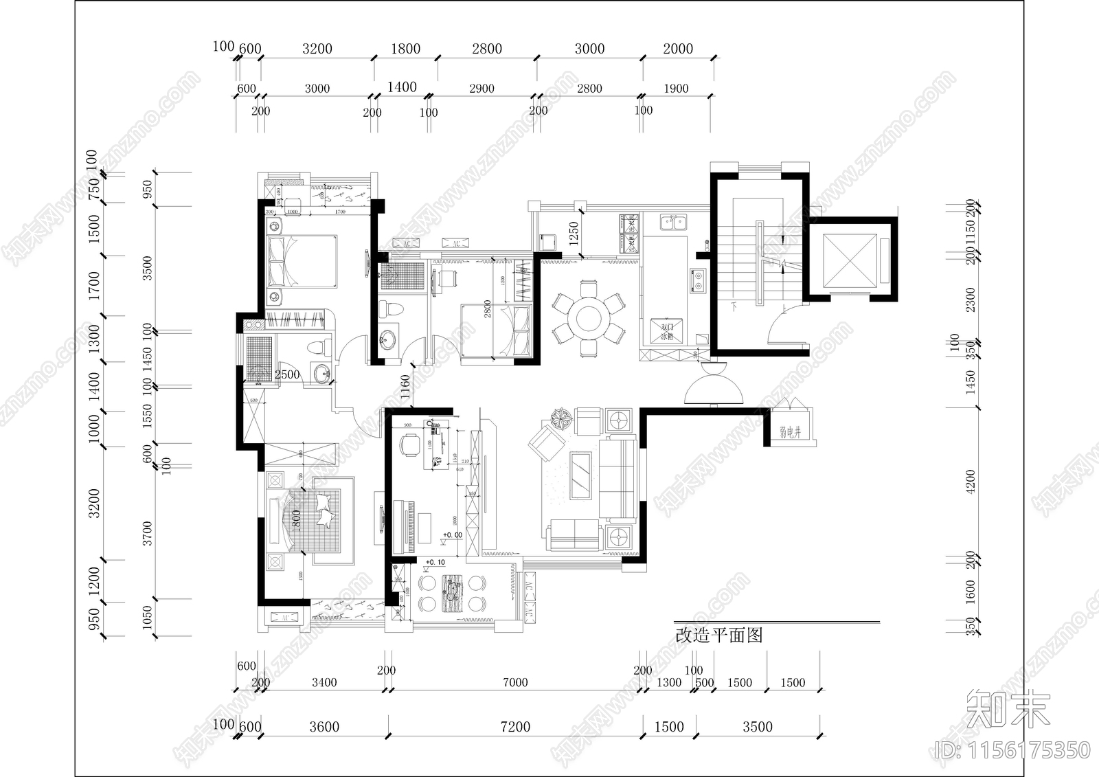115㎡四居室家装平层空间设计CAD施工图下载【ID:1156175350】