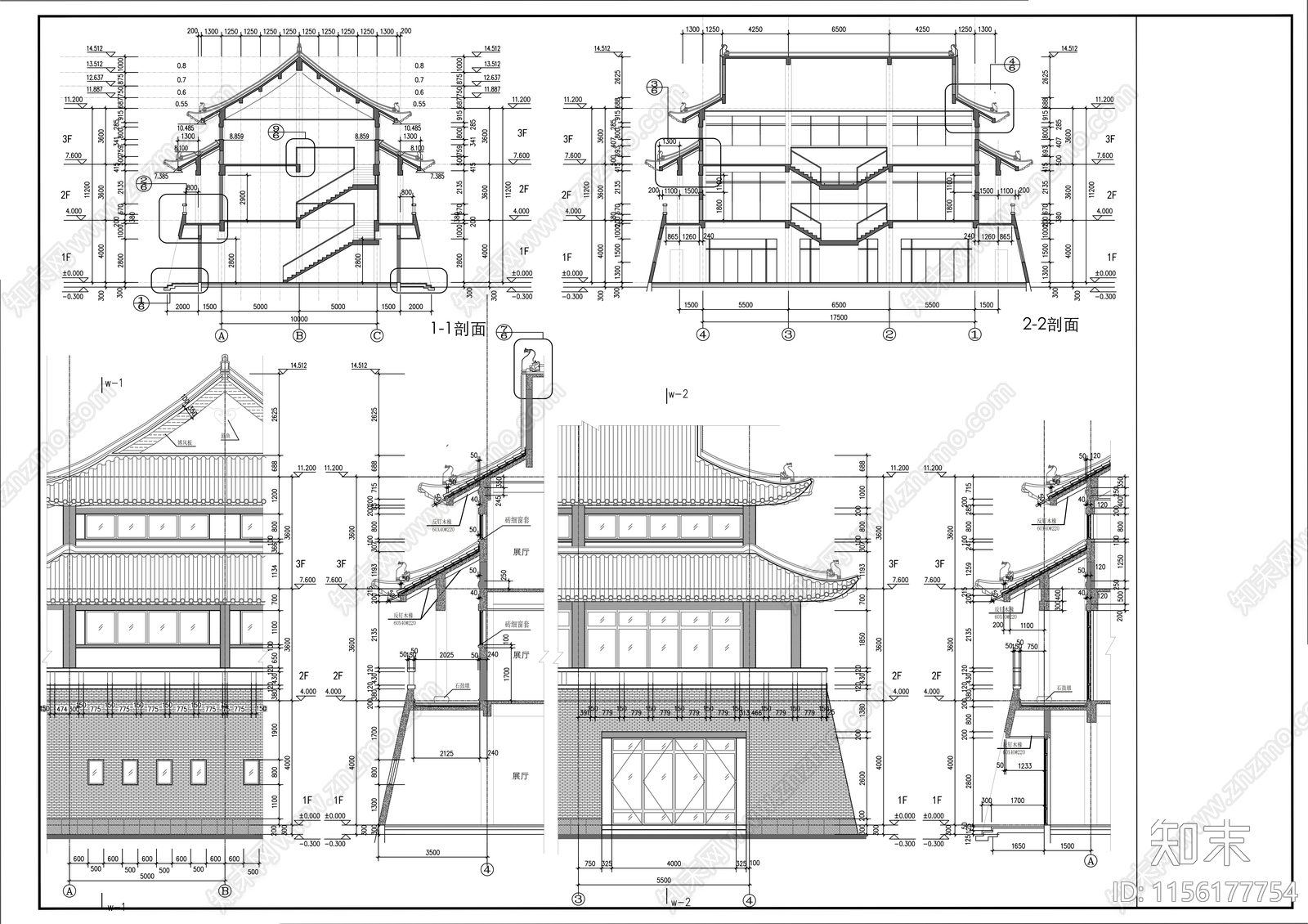 2层中式展厅建筑图纸cad施工图下载【ID:1156177754】