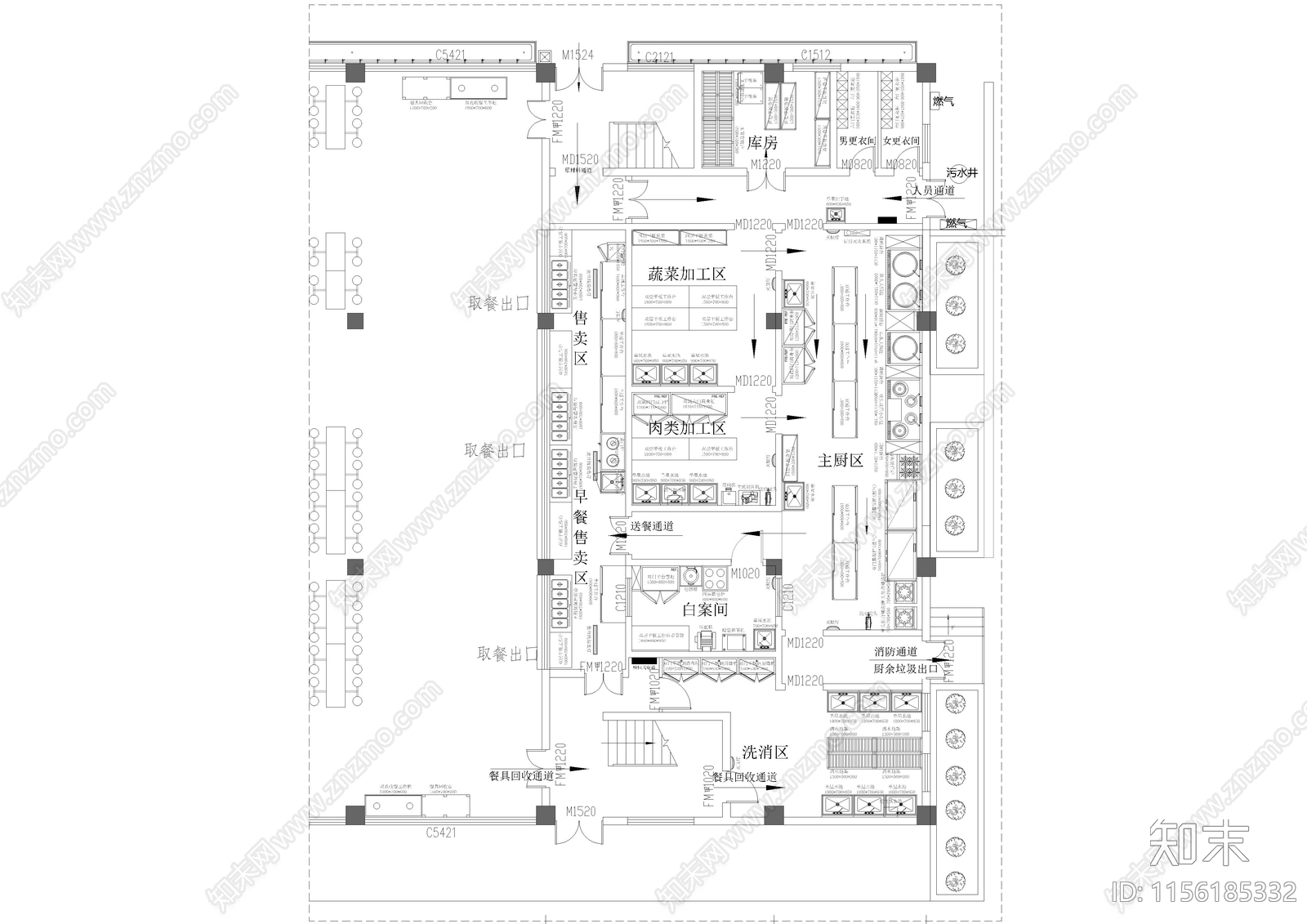 食堂厨房平面厨房设备布置图施工图下载【ID:1156185332】