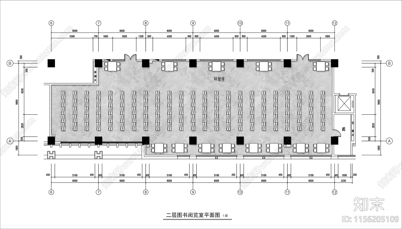 500㎡图书阅览室平面布置图施工图下载【ID:1156205109】
