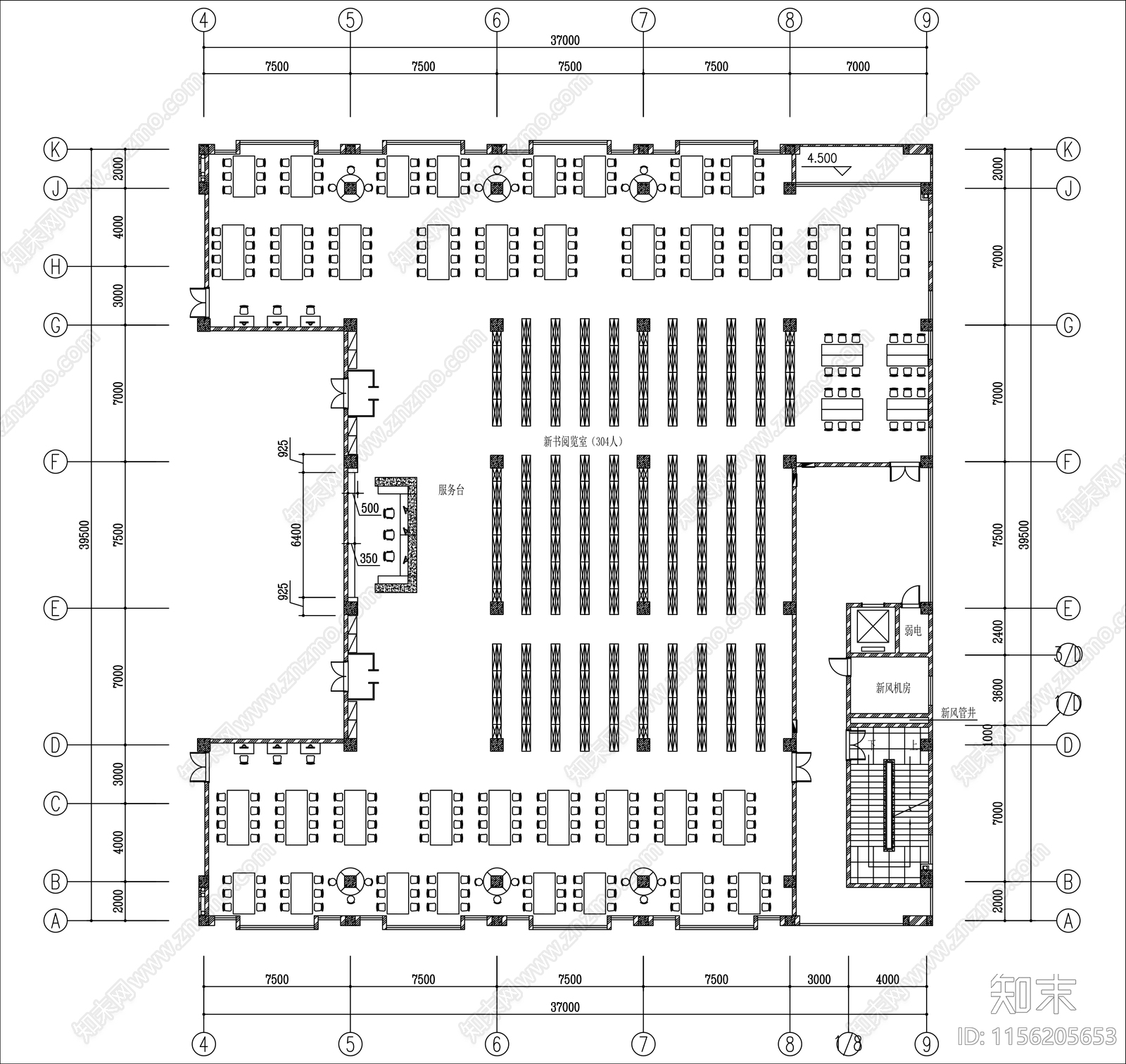 400㎡图书馆阅览室平面布置图cad施工图下载【ID:1156205653】