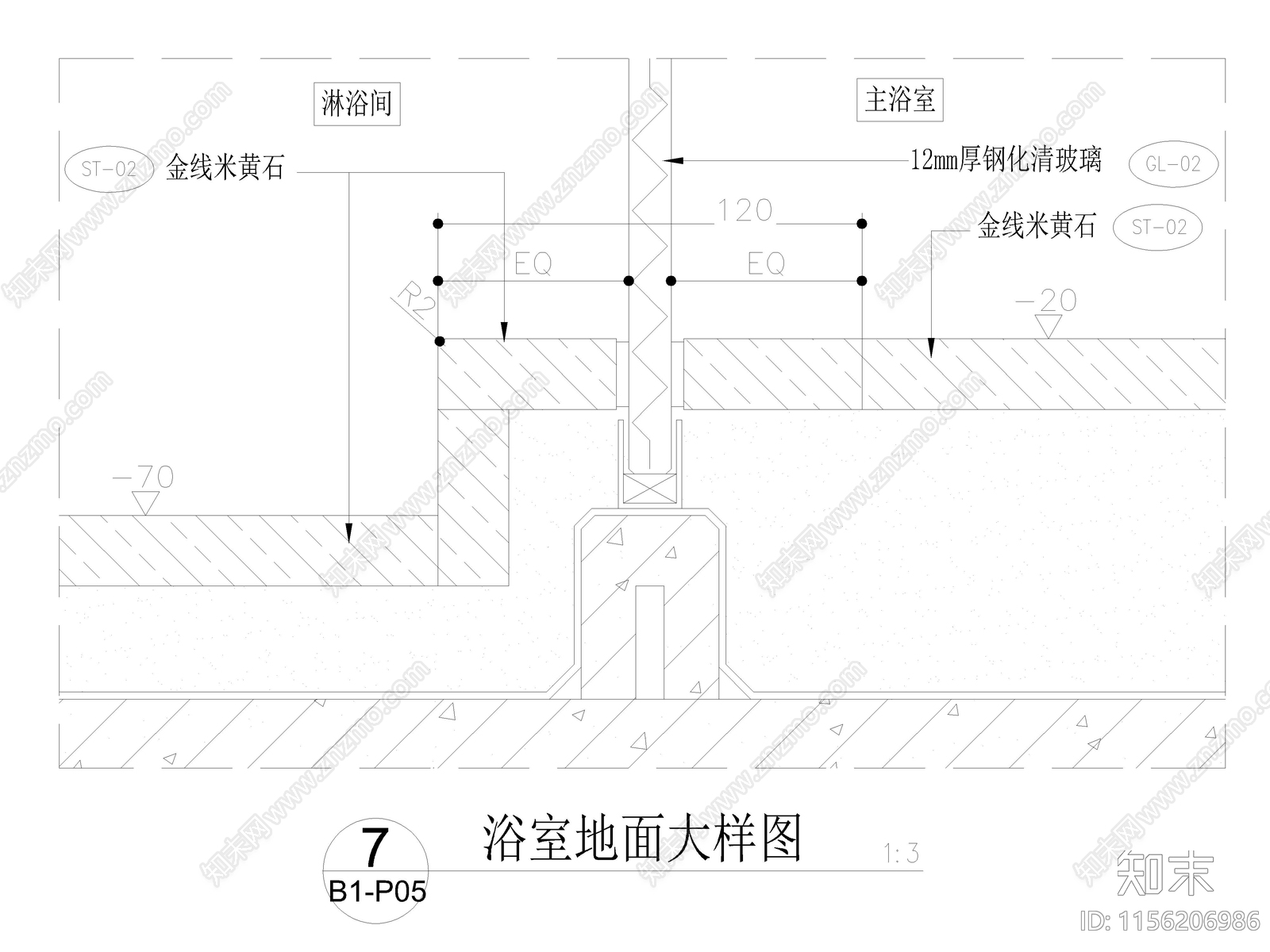 浴室地面大样图cad施工图下载【ID:1156206986】