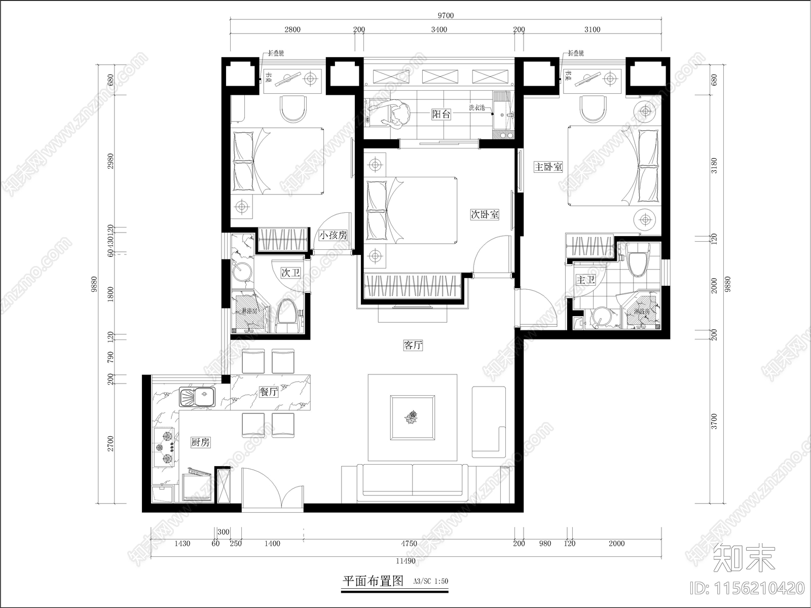 现代家装cad施工图下载【ID:1156210420】