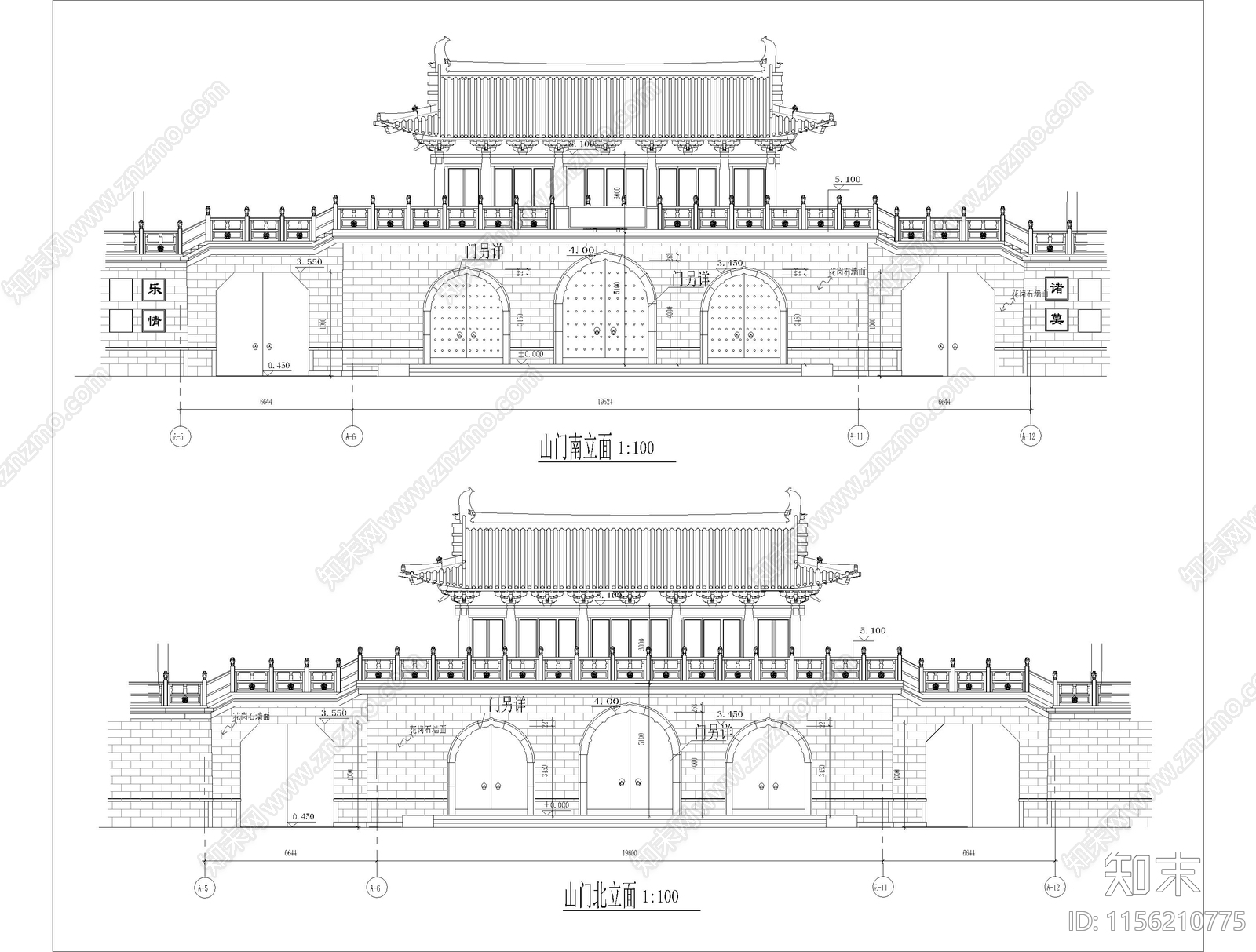 仿古山门建筑cad施工图下载【ID:1156210775】