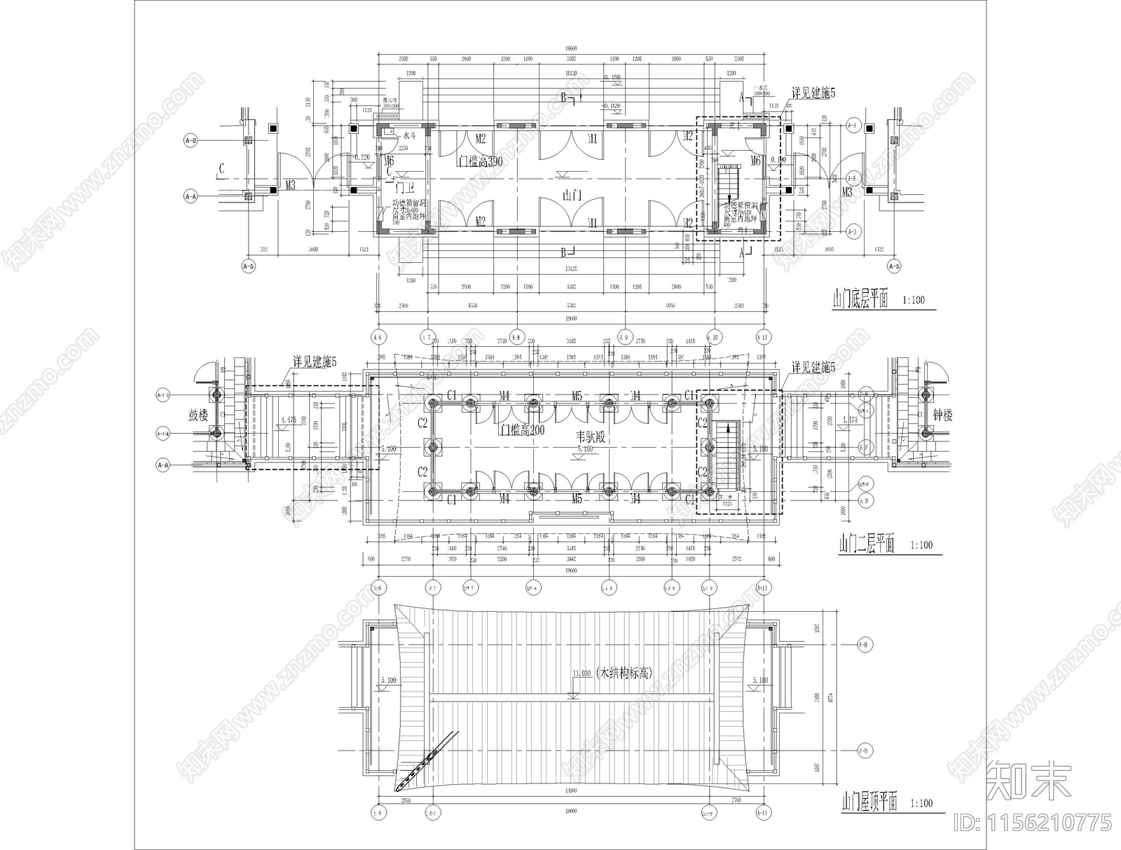 仿古山门建筑cad施工图下载【ID:1156210775】