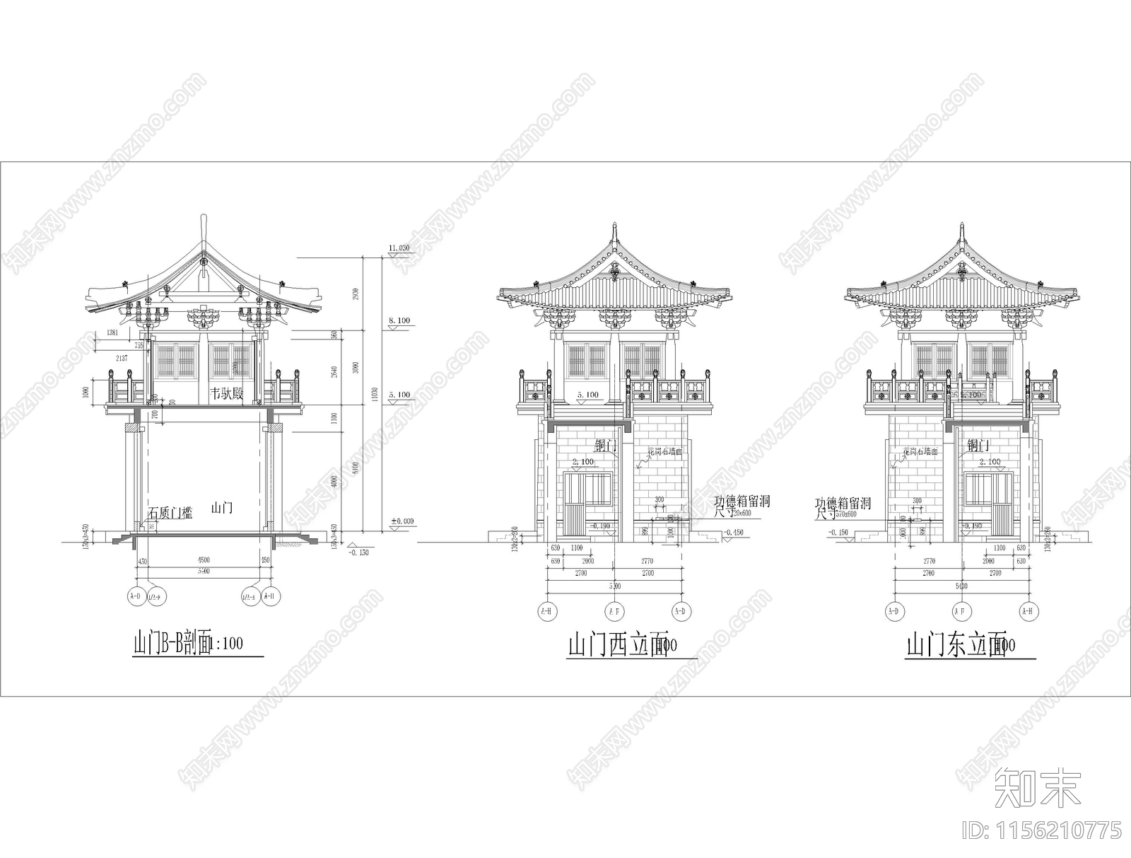 仿古山门建筑cad施工图下载【ID:1156210775】