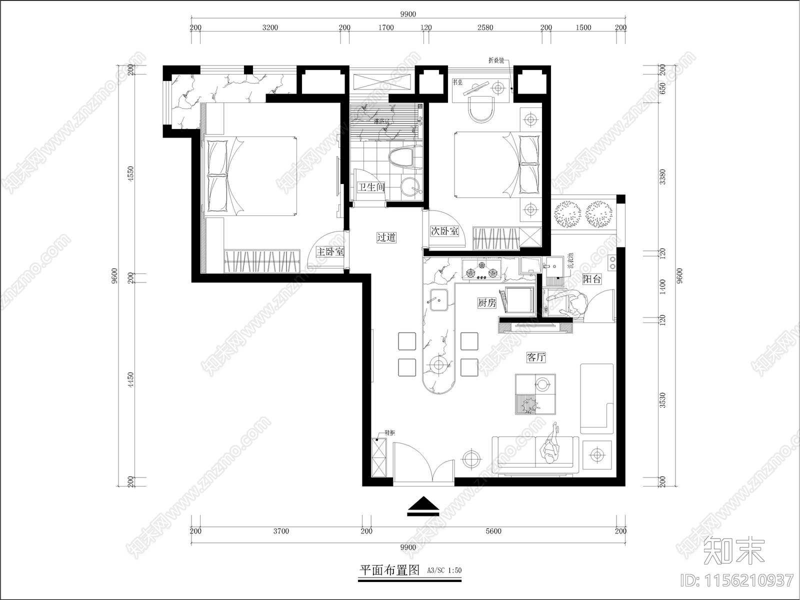 现代家装样板间cad施工图下载【ID:1156210937】