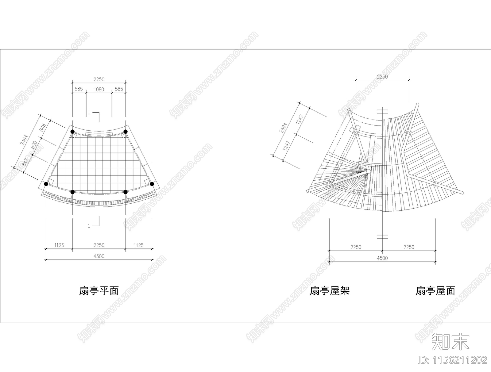 扇亭扇形亭子cad施工图下载【ID:1156211202】