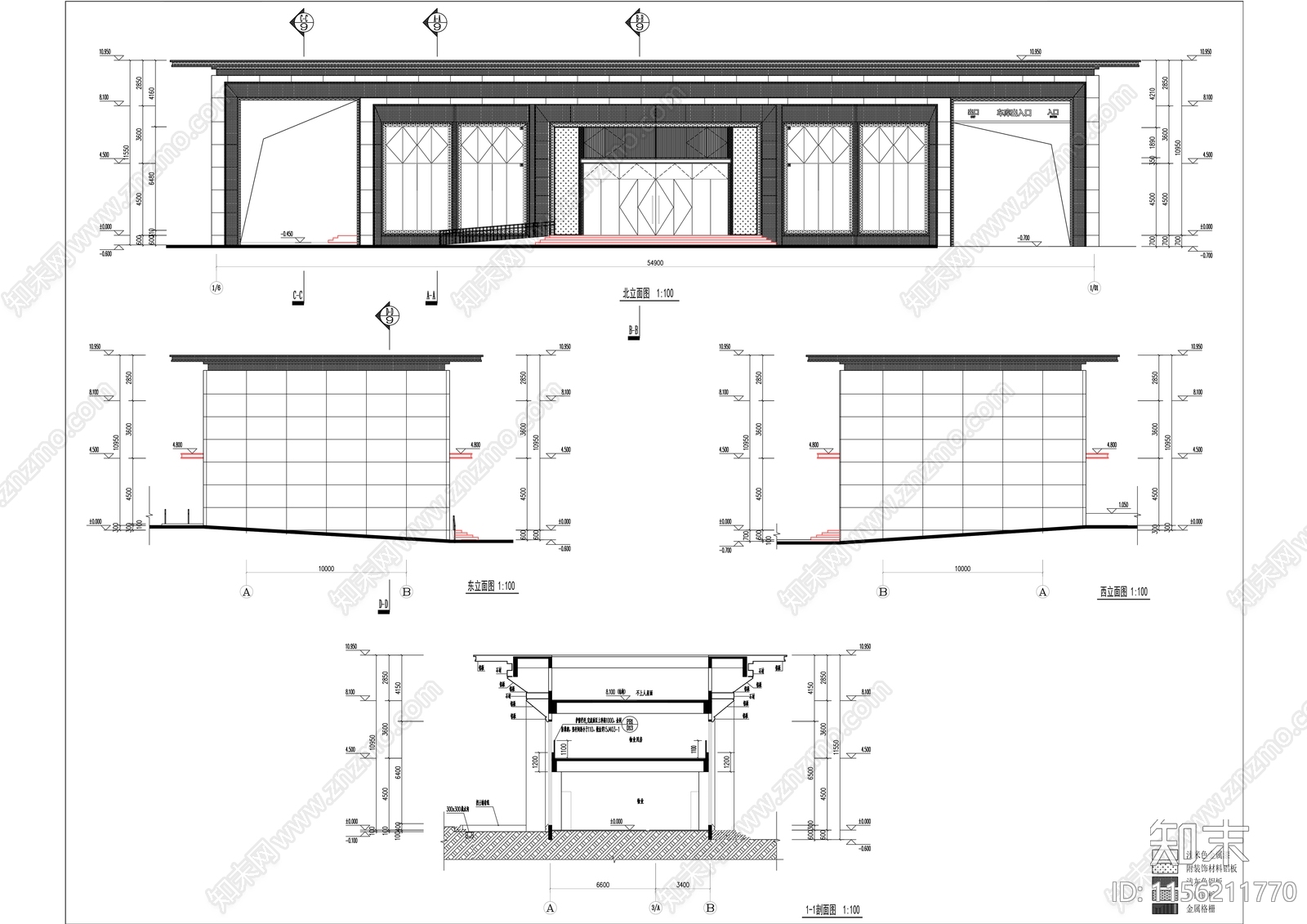 现代住宅小区大门物业门卫室消控室cad施工图下载【ID:1156211770】